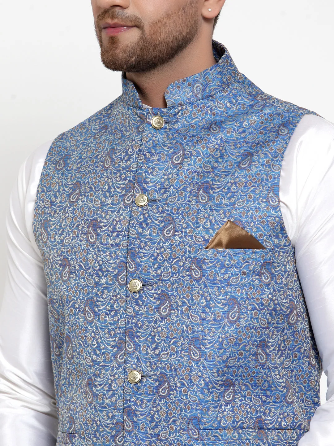 Jashvi Men's Solid Dupion Kurta Pajama with Woven Jacqaurd Nehru Jacket