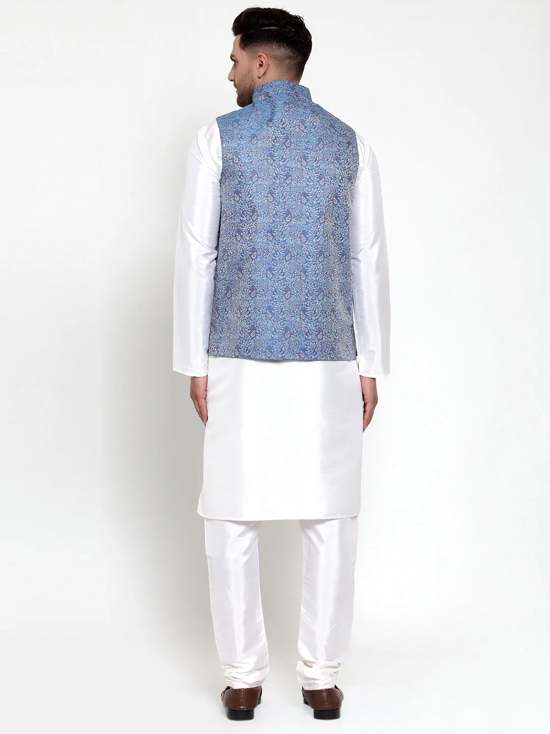 Jashvi Men's Solid Dupion Kurta Pajama with Woven Jacqaurd Nehru Jacket