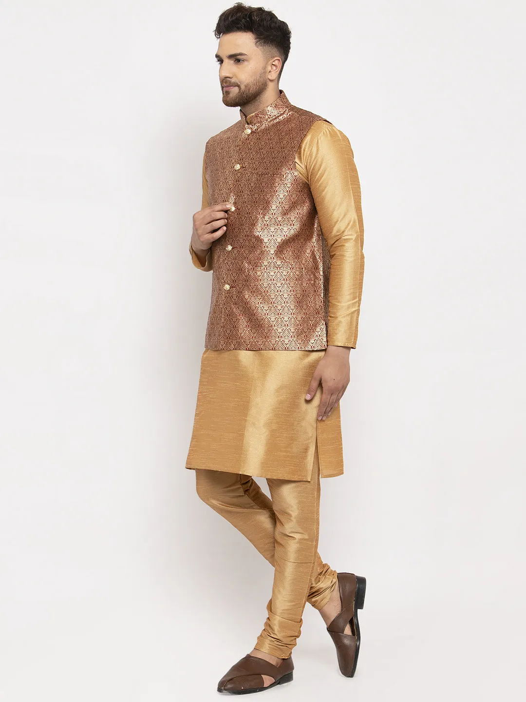 Jashvi Men's Solid Dupion Kurta Pajama with Woven Jacqaurd Waistcoat