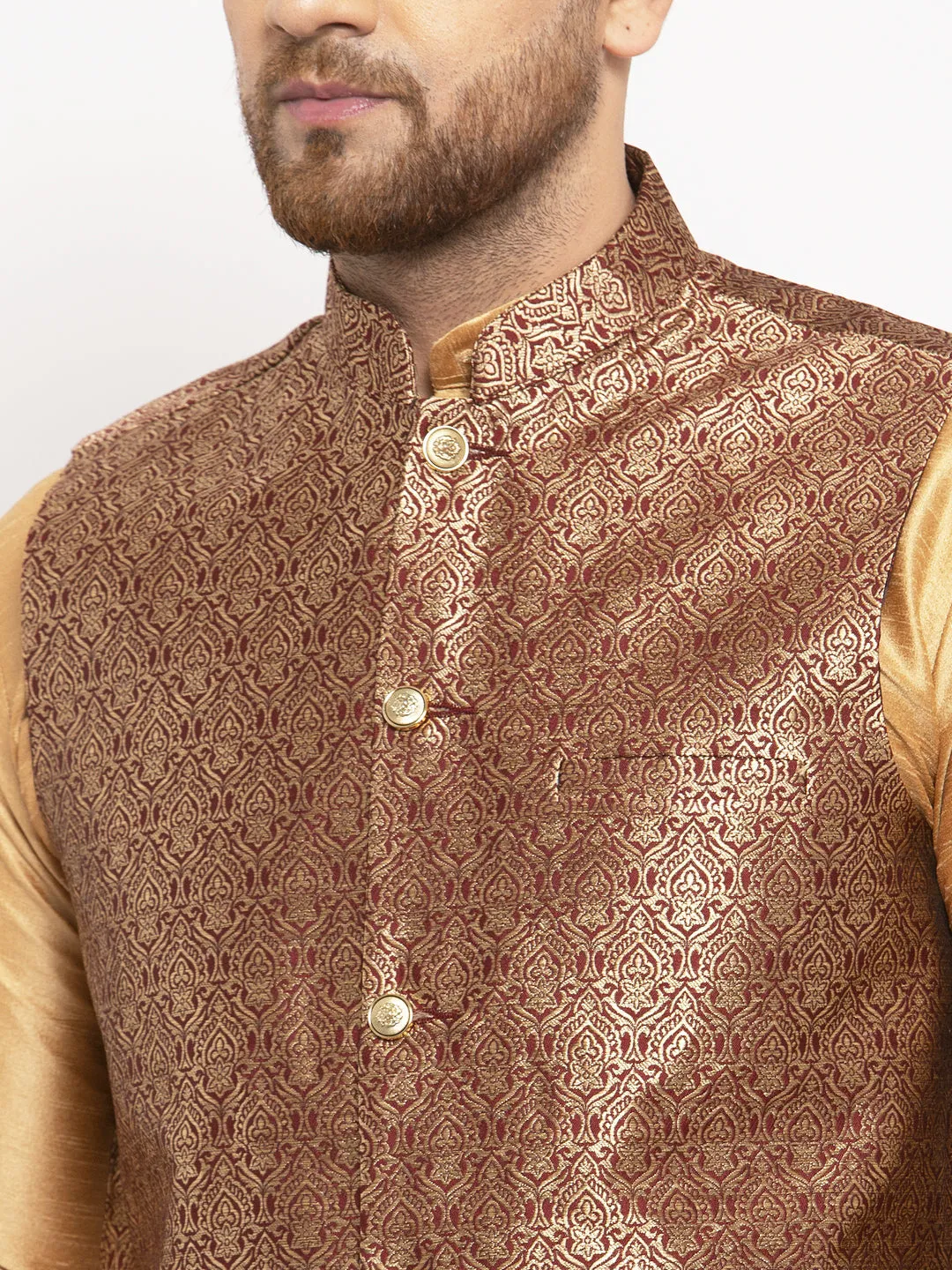 Jashvi Men's Solid Dupion Kurta Pajama with Woven Jacqaurd Waistcoat