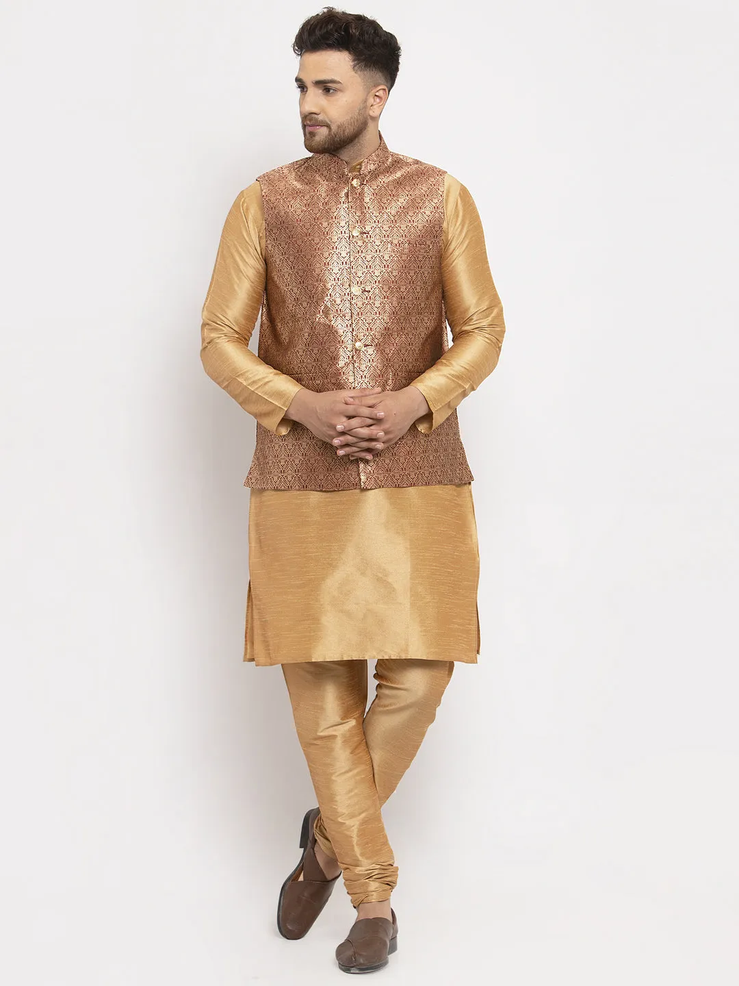 Jashvi Men's Solid Dupion Kurta Pajama with Woven Jacqaurd Waistcoat