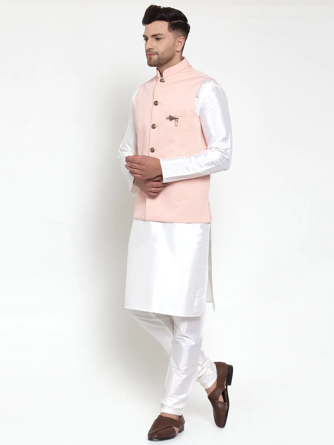 Jashvi Men's Solid Dupion Kurta Pajama with Woven Nehru Jacket