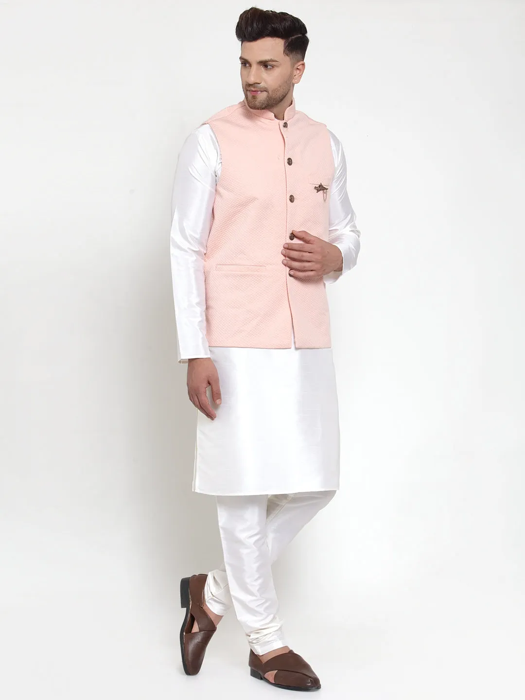 Jashvi Men's Solid Dupion Kurta Pajama with Woven Nehru Jacket