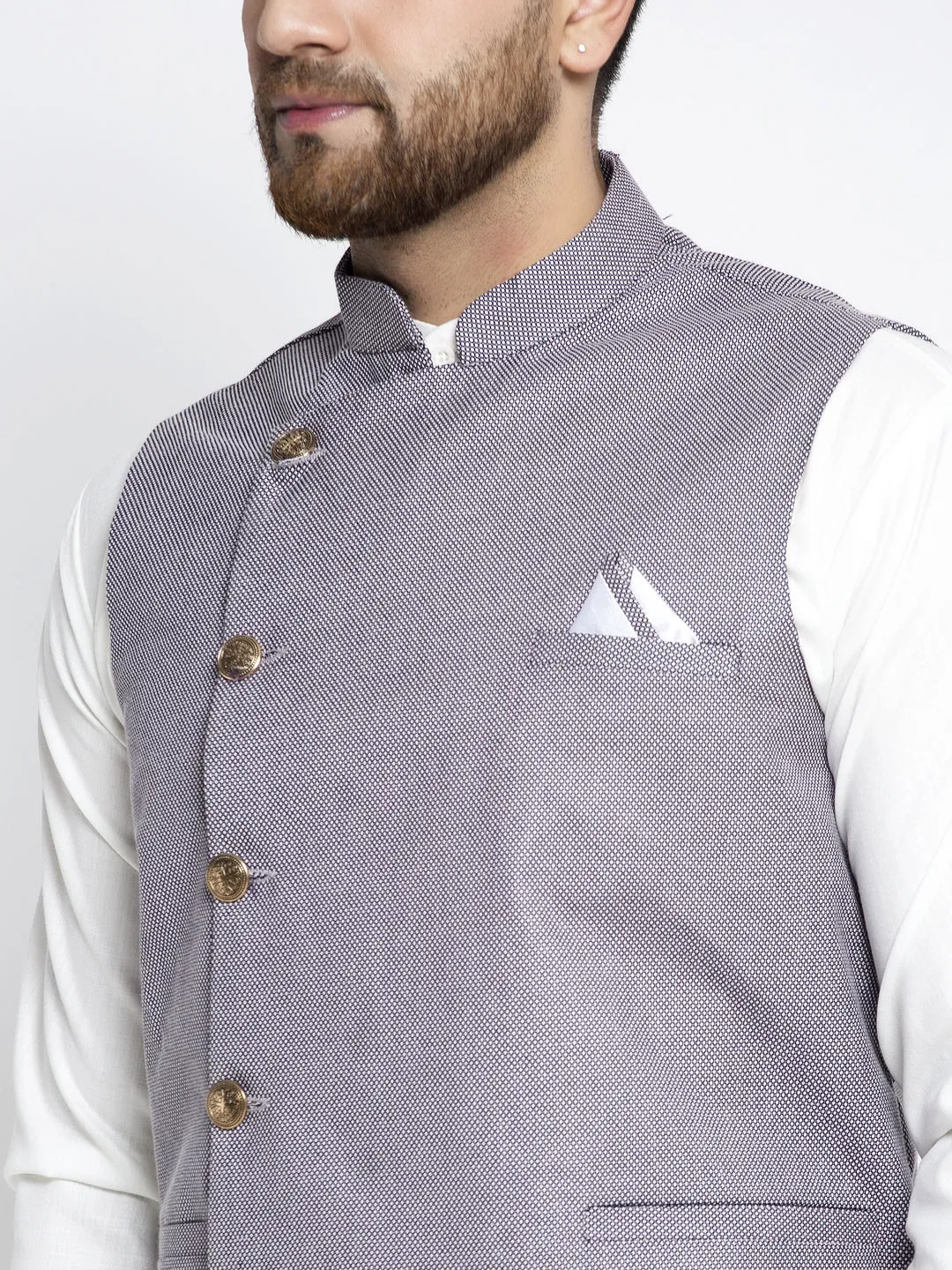 Jashvi Men's Solid White Cotton Kurta Payjama with Geometric Waistcoat