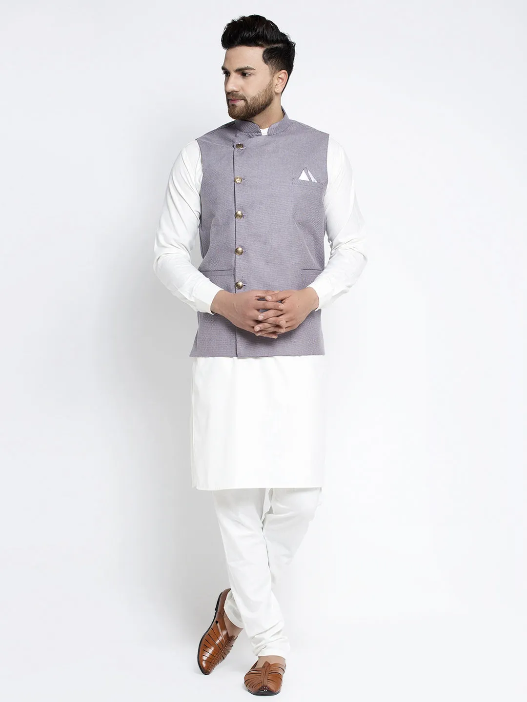 Jashvi Men's Solid White Cotton Kurta Payjama with Geometric Waistcoat