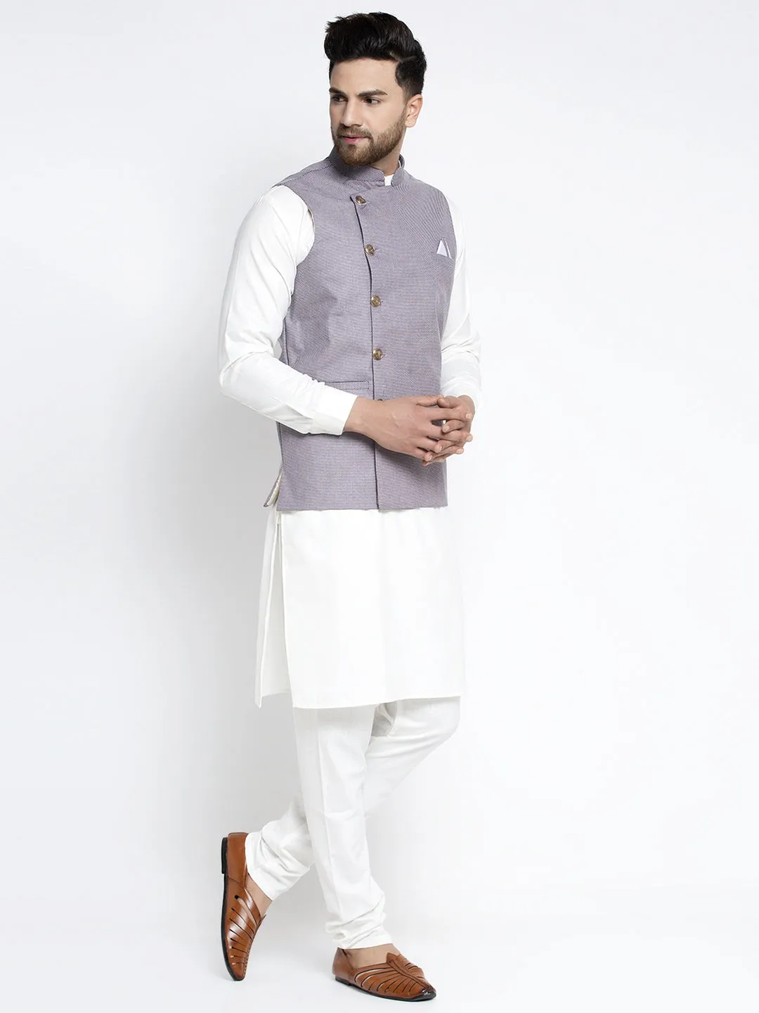 Jashvi Men's Solid White Cotton Kurta Payjama with Geometric Waistcoat