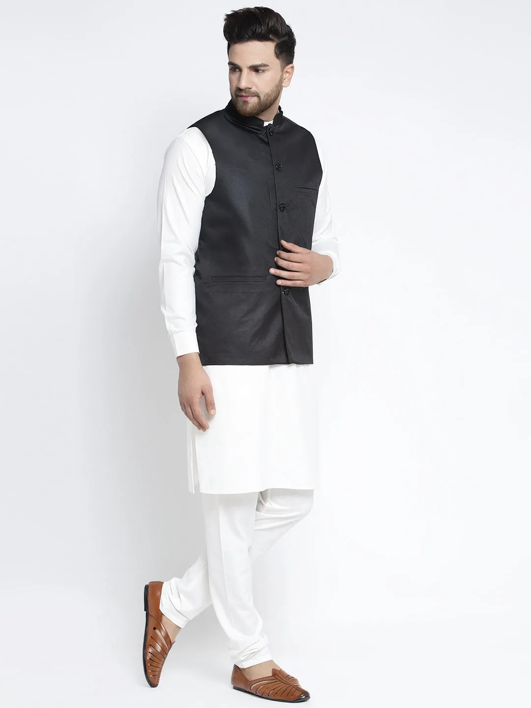 Jashvi Men's Solid White Cotton Kurta Payjama with Solid Black Waistcoat