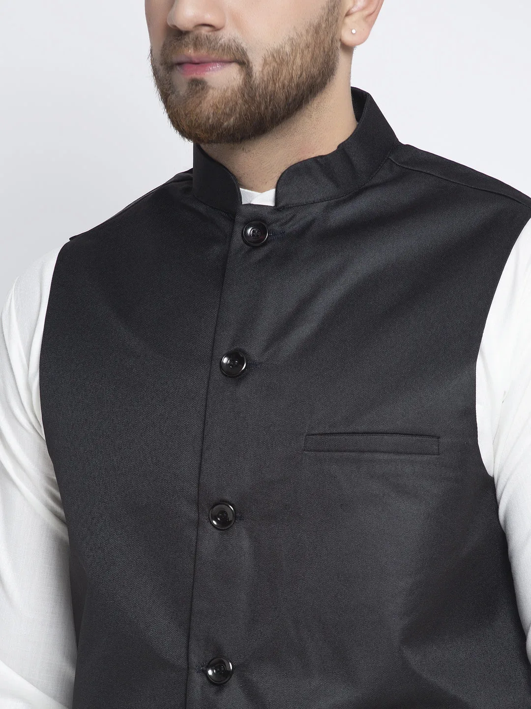 Jashvi Men's Solid White Cotton Kurta Payjama with Solid Black Waistcoat