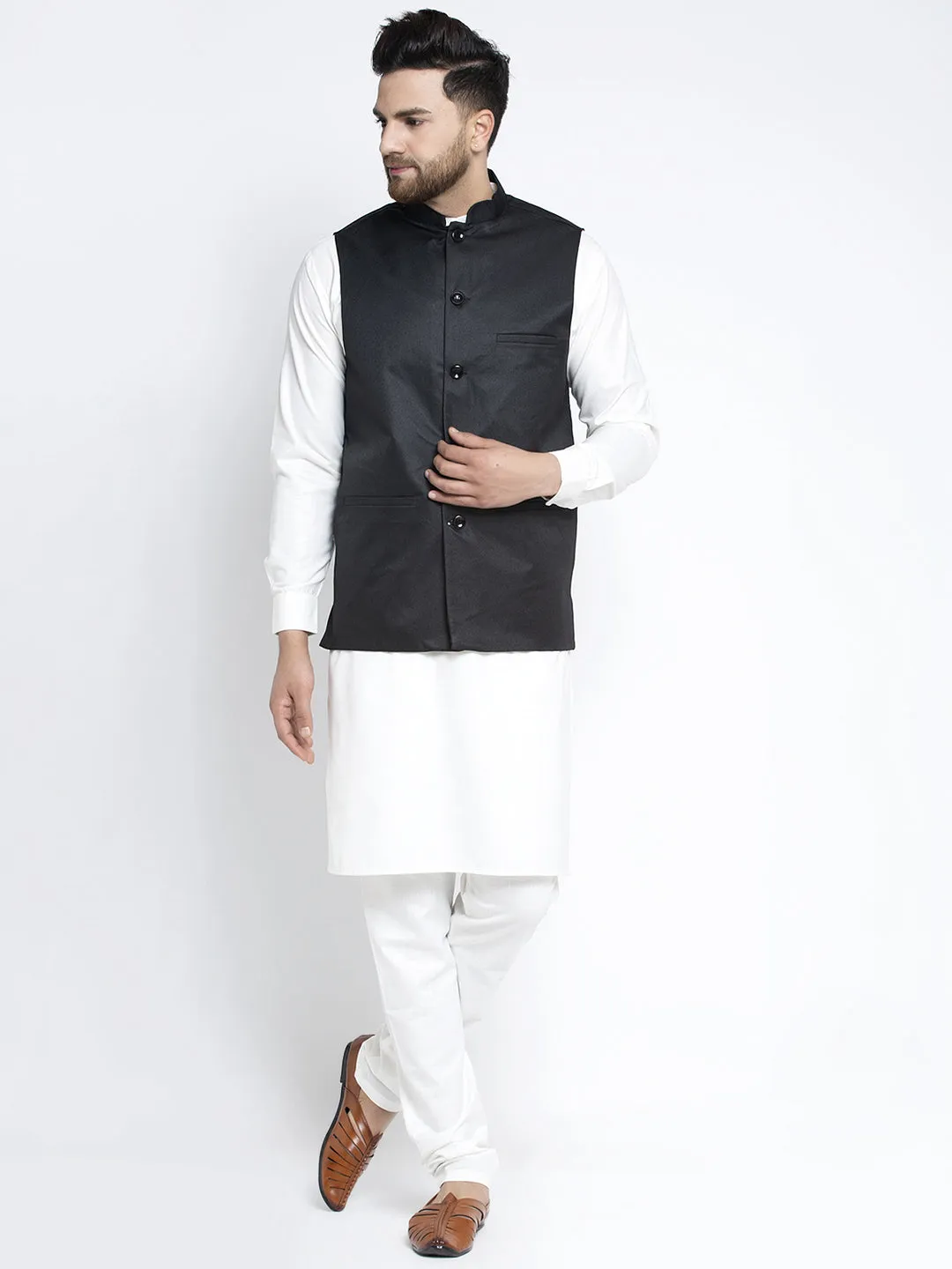 Jashvi Men's Solid White Cotton Kurta Payjama with Solid Black Waistcoat