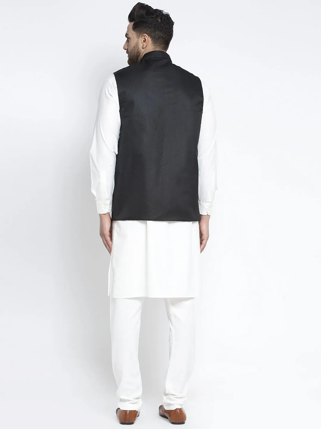 Jashvi Men's Solid White Cotton Kurta Payjama with Solid Black Waistcoat