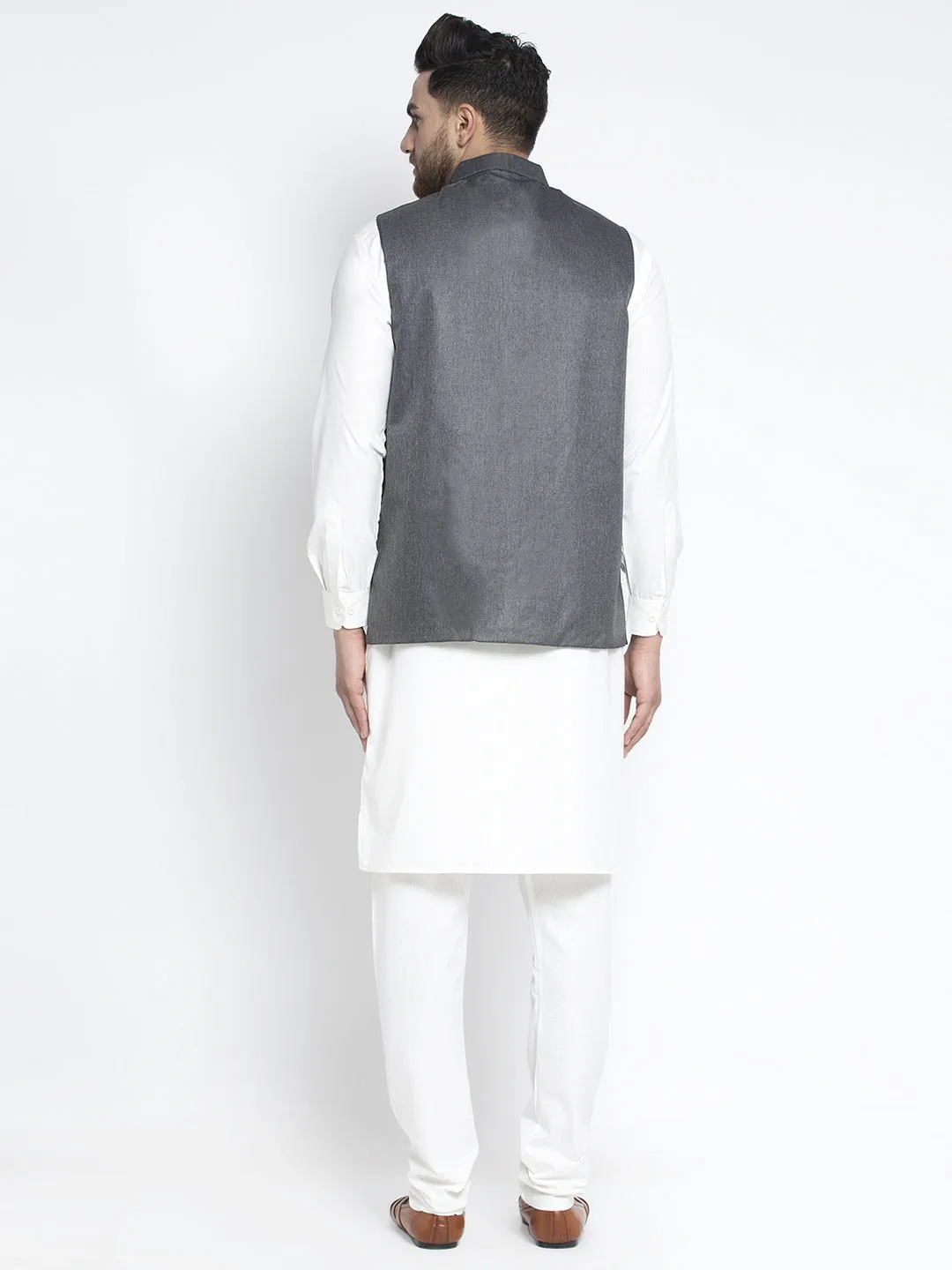 Jashvi Men's Solid White Cotton Kurta Payjama with Solid Charcoal Waistcoat