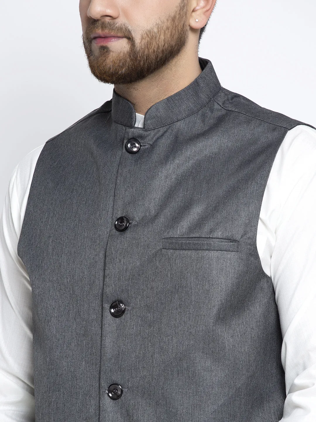 Jashvi Men's Solid White Cotton Kurta Payjama with Solid Charcoal Waistcoat