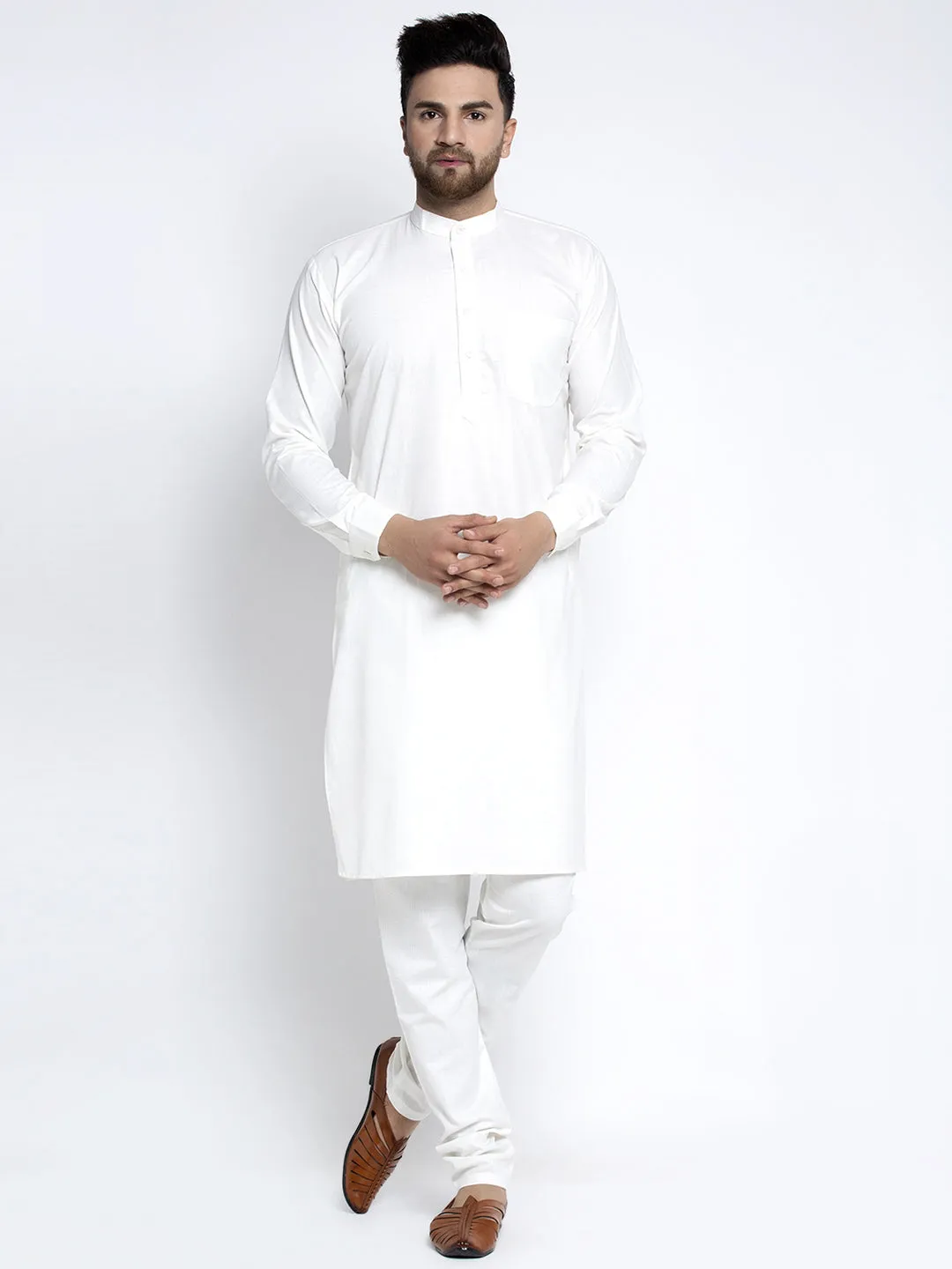 Jashvi Men's Solid White Cotton Kurta Payjama with Solid Charcoal Waistcoat