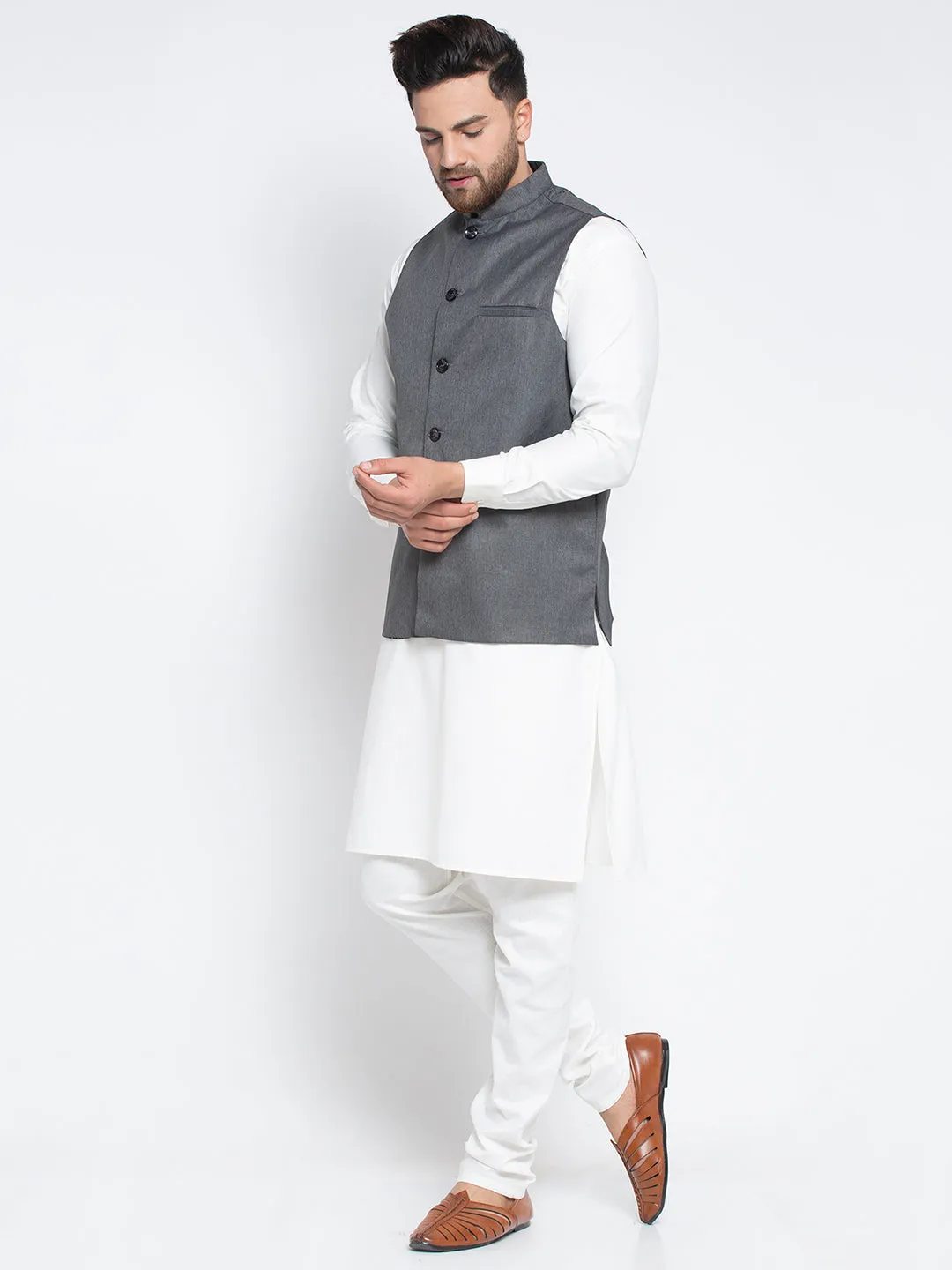 Jashvi Men's Solid White Cotton Kurta Payjama with Solid Charcoal Waistcoat