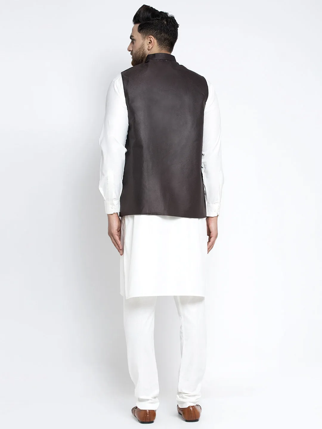 Jashvi Men's Solid White Cotton Kurta Payjama with Solid Coffee Waistcoat