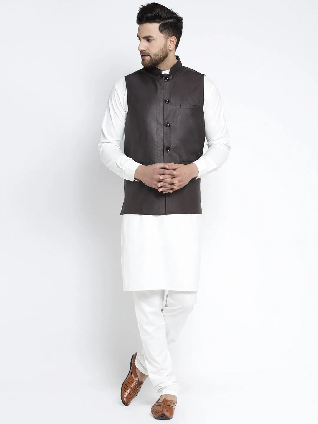 Jashvi Men's Solid White Cotton Kurta Payjama with Solid Coffee Waistcoat