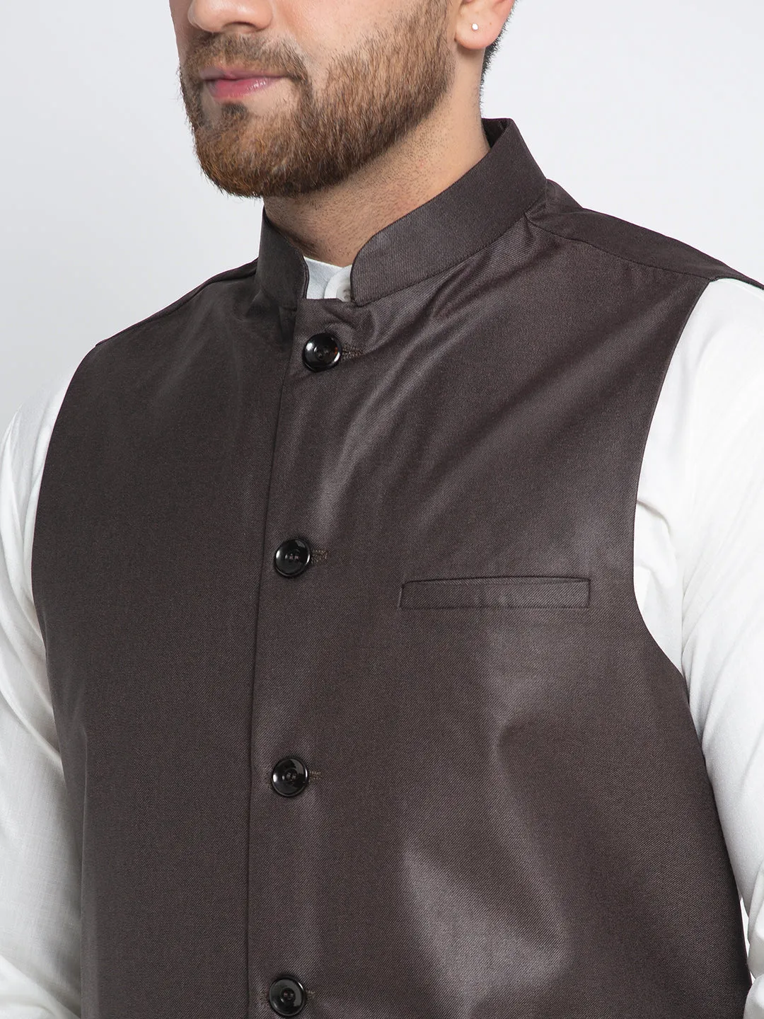 Jashvi Men's Solid White Cotton Kurta Payjama with Solid Coffee Waistcoat