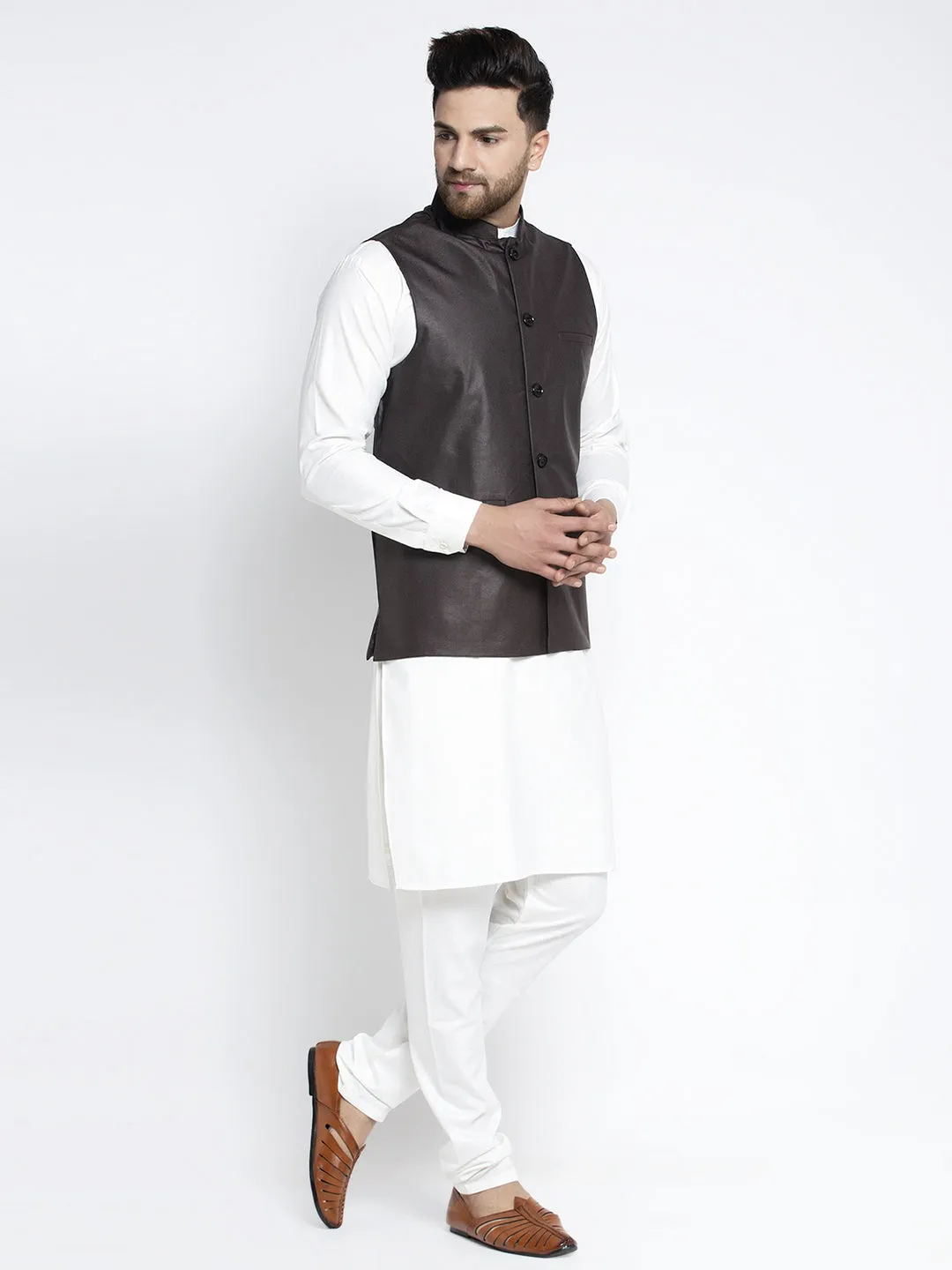 Jashvi Men's Solid White Cotton Kurta Payjama with Solid Coffee Waistcoat