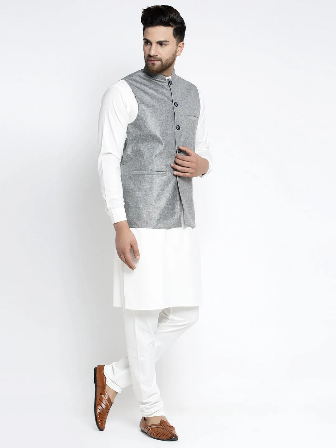 Jashvi Men's Solid White Cotton Kurta Payjama with Solid Grey Waistcoat