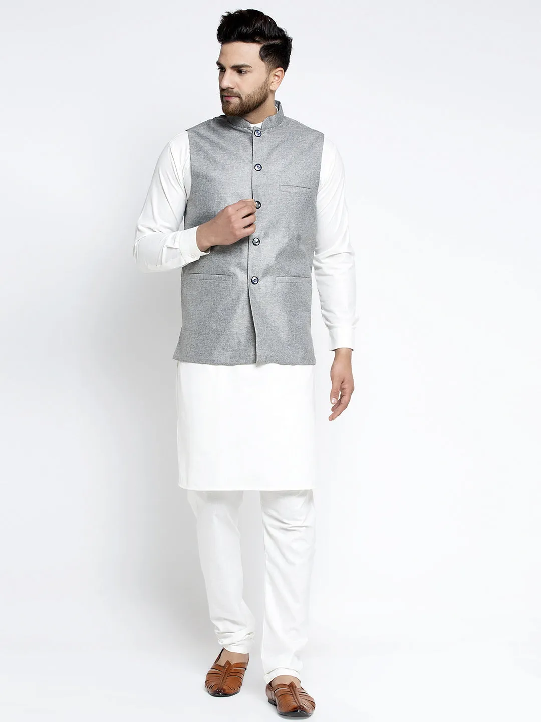 Jashvi Men's Solid White Cotton Kurta Payjama with Solid Grey Waistcoat