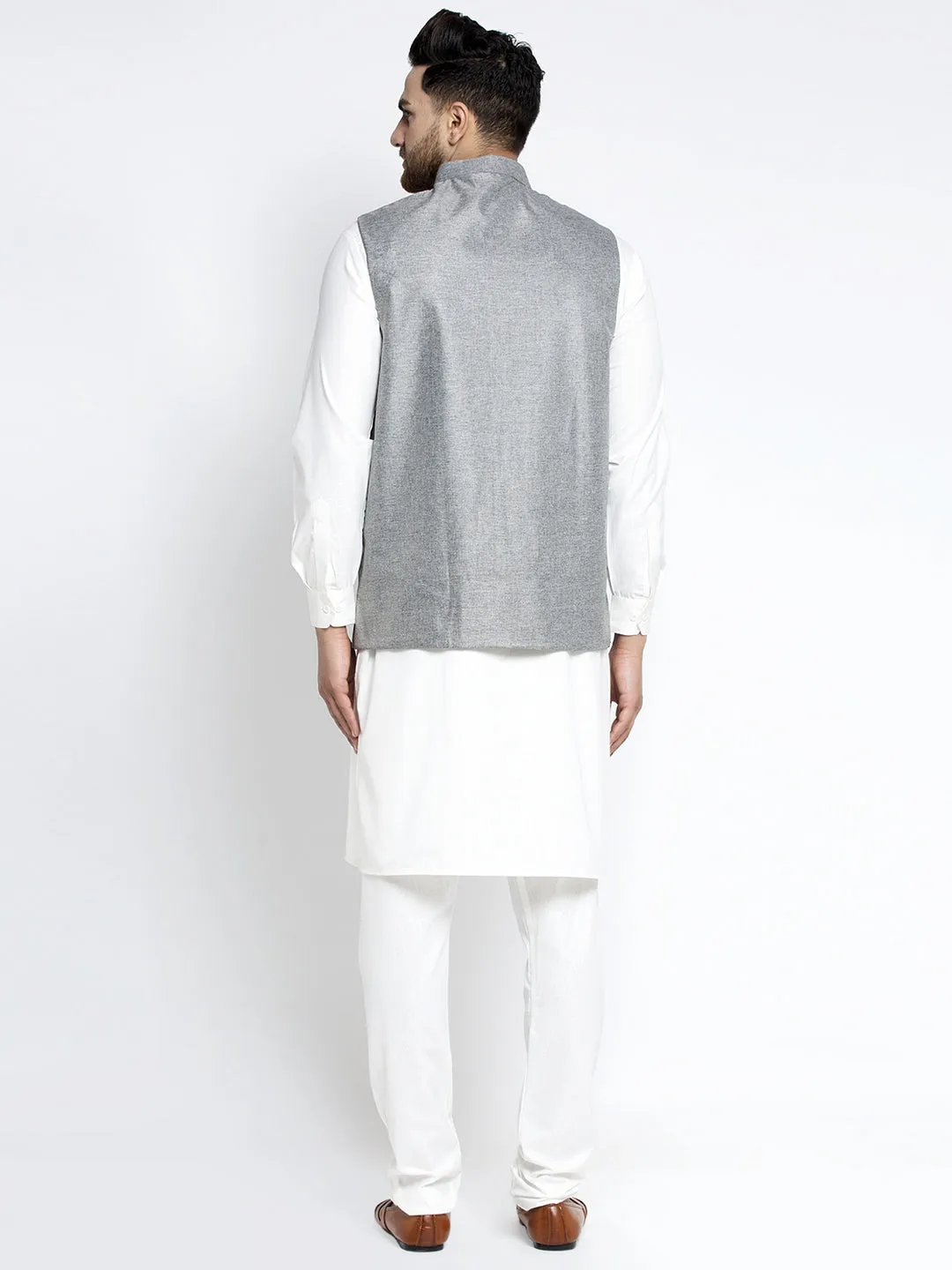 Jashvi Men's Solid White Cotton Kurta Payjama with Solid Grey Waistcoat