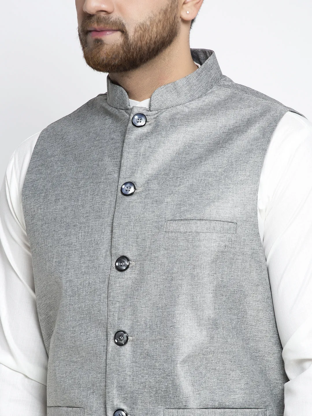 Jashvi Men's Solid White Cotton Kurta Payjama with Solid Grey Waistcoat