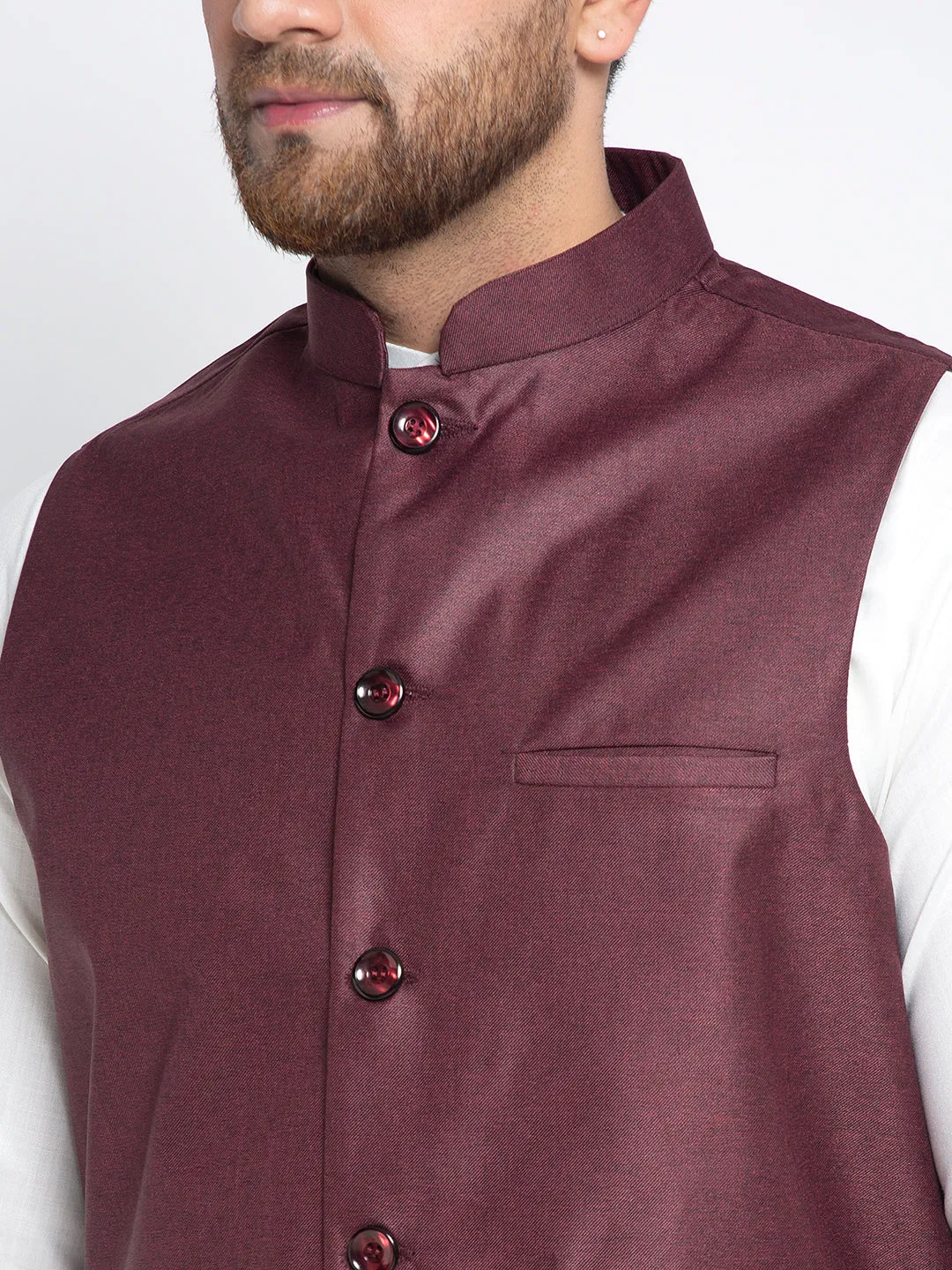 Jashvi Men's Solid White Cotton Kurta Payjama with Solid Maroon Waistcoat