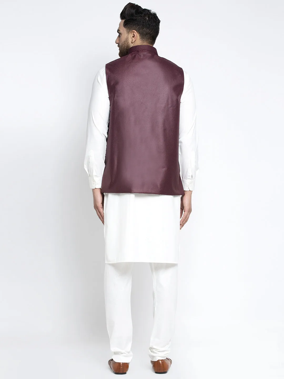 Jashvi Men's Solid White Cotton Kurta Payjama with Solid Maroon Waistcoat