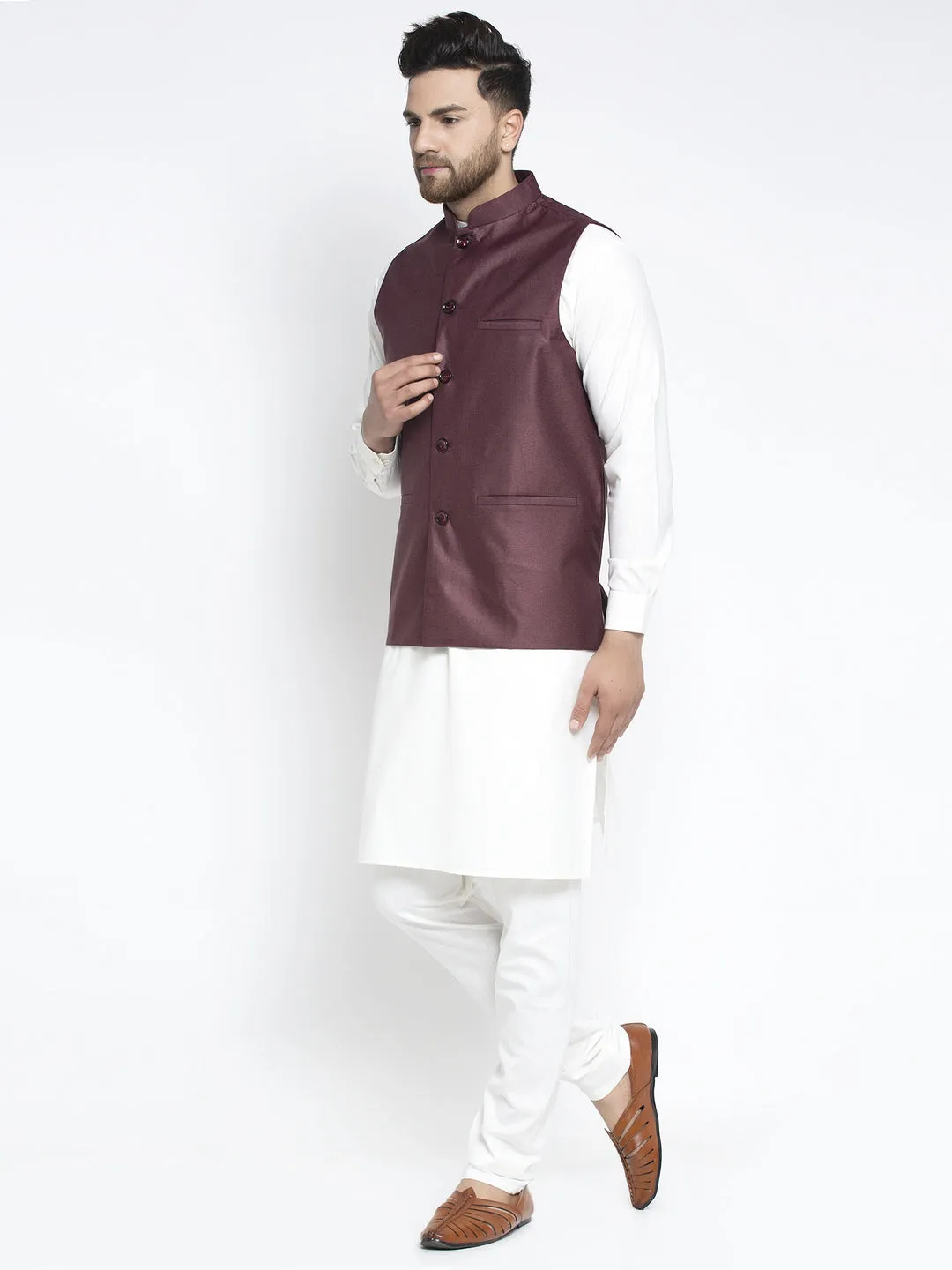 Jashvi Men's Solid White Cotton Kurta Payjama with Solid Maroon Waistcoat