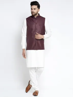 Jashvi Men's Solid White Cotton Kurta Payjama with Solid Maroon Waistcoat