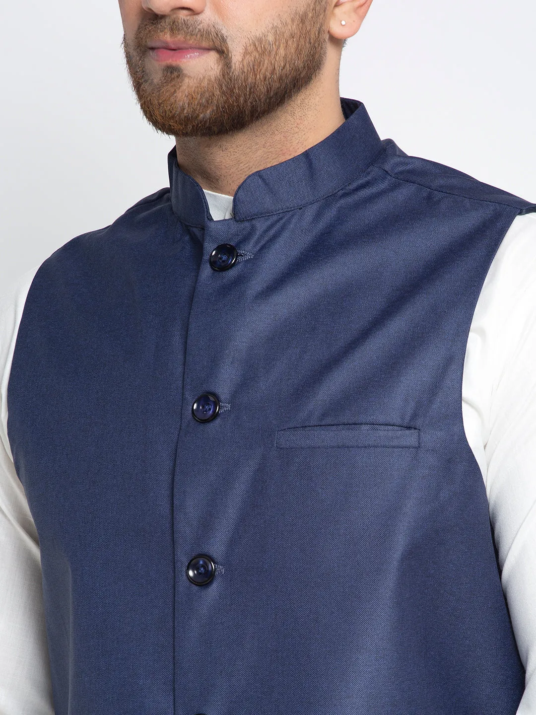 Jashvi Men's Solid White Cotton Kurta Payjama with Solid Navy Waistcoat