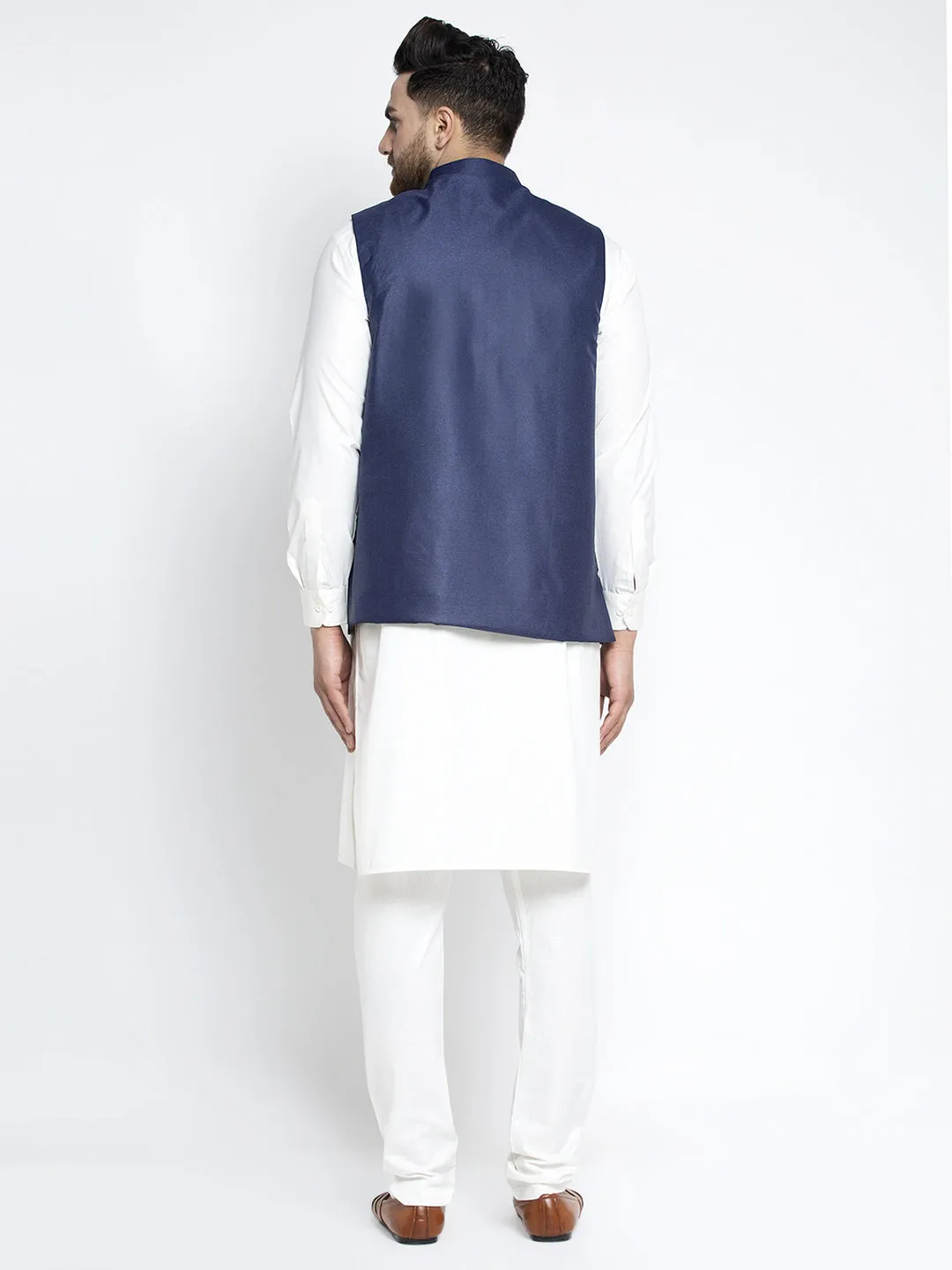 Jashvi Men's Solid White Cotton Kurta Payjama with Solid Navy Waistcoat