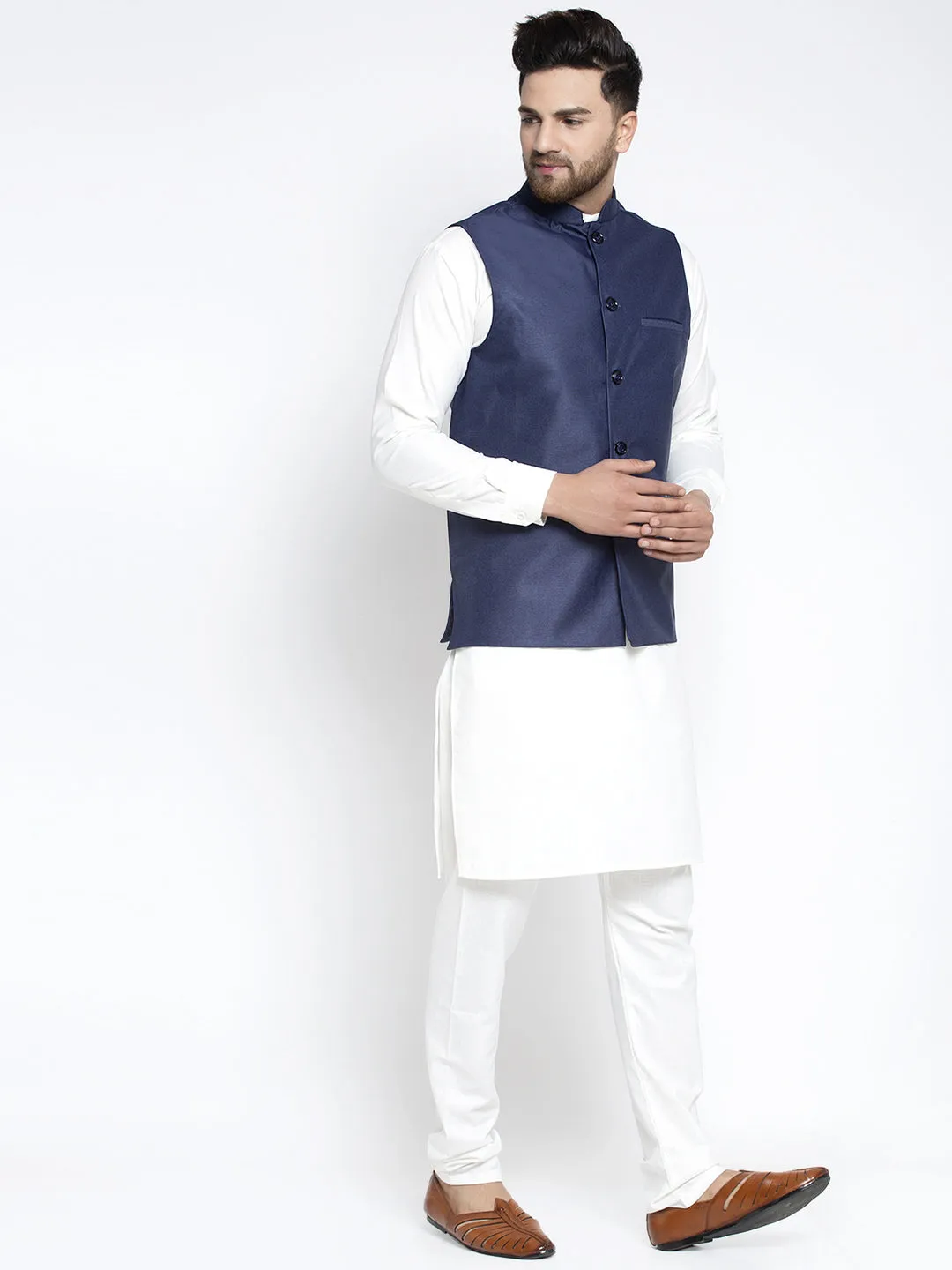 Jashvi Men's Solid White Cotton Kurta Payjama with Solid Navy Waistcoat