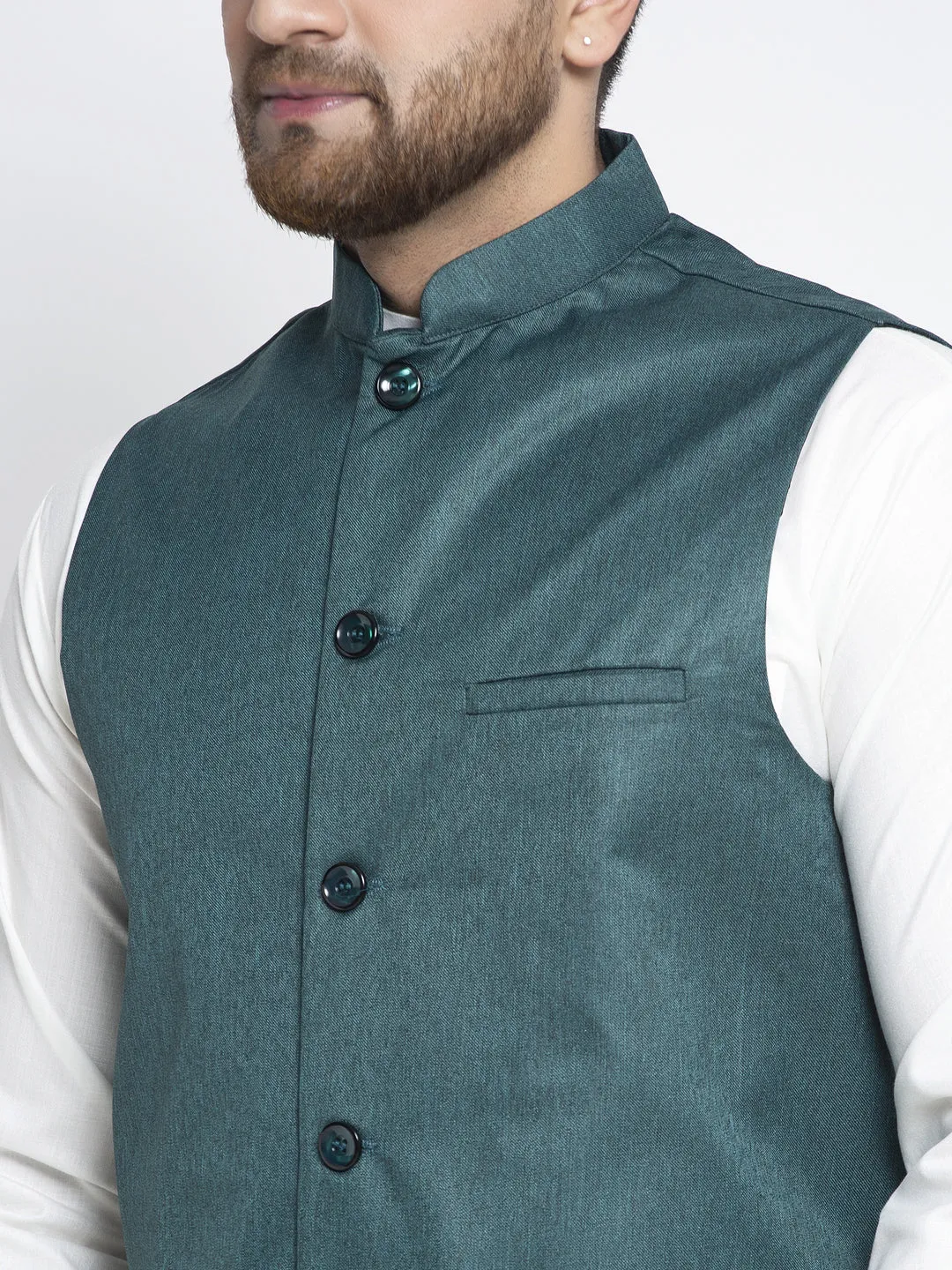 Jashvi Men's Solid White Cotton Kurta Payjama with Solid Teal Waistcoat