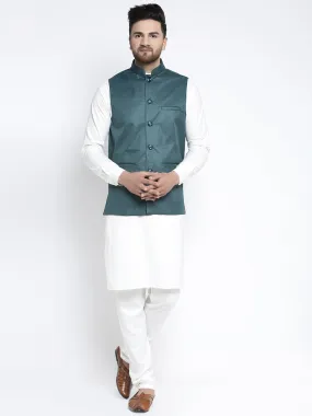 Jashvi Men's Solid White Cotton Kurta Payjama with Solid Teal Waistcoat