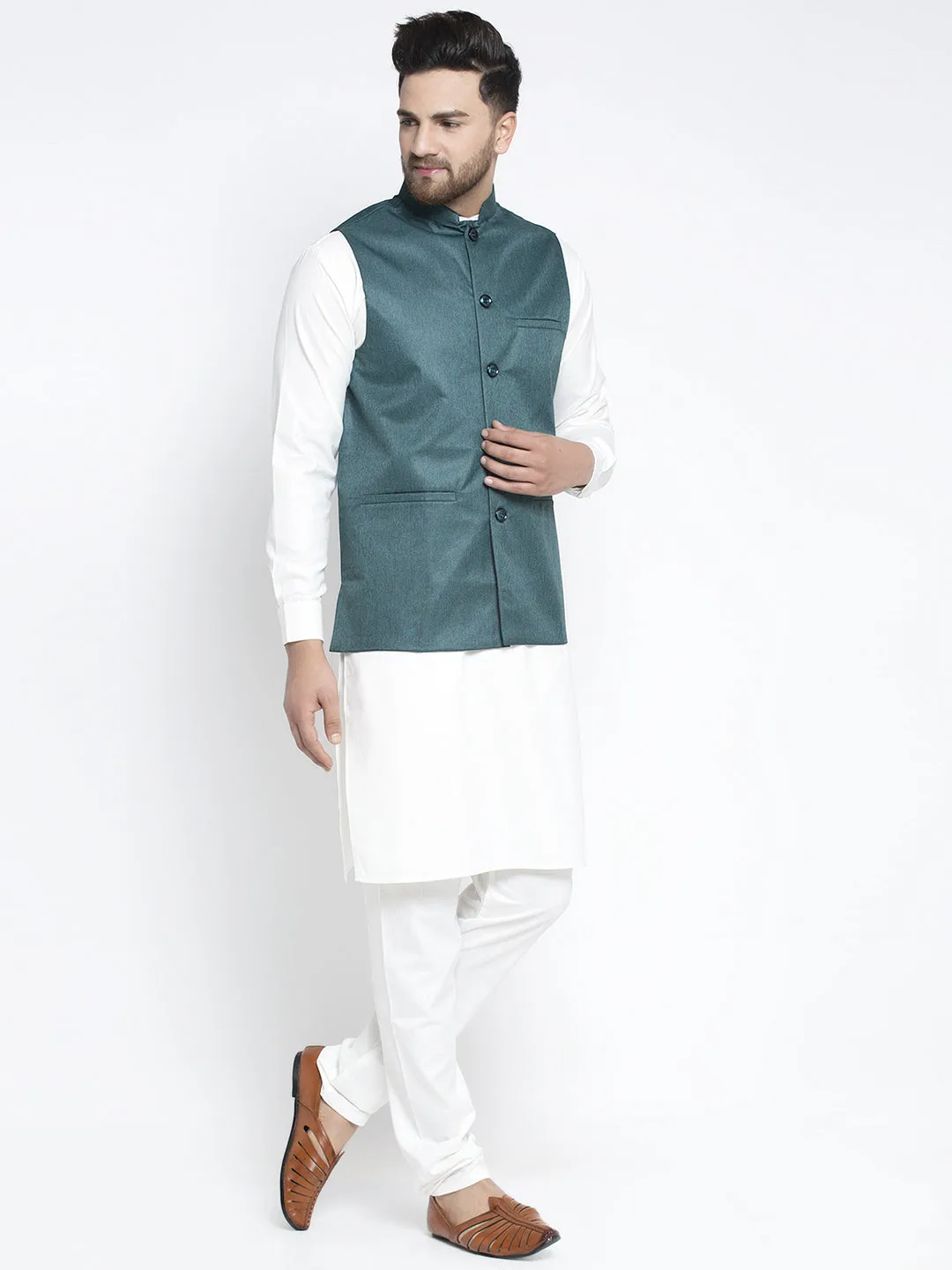 Jashvi Men's Solid White Cotton Kurta Payjama with Solid Teal Waistcoat