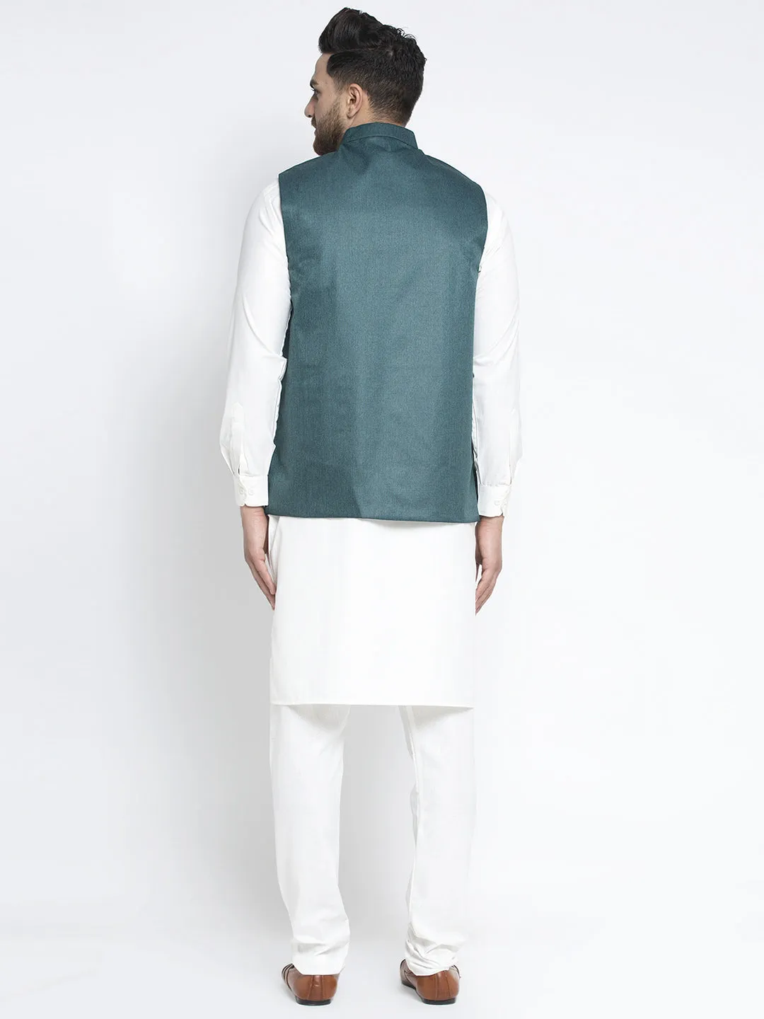 Jashvi Men's Solid White Cotton Kurta Payjama with Solid Teal Waistcoat