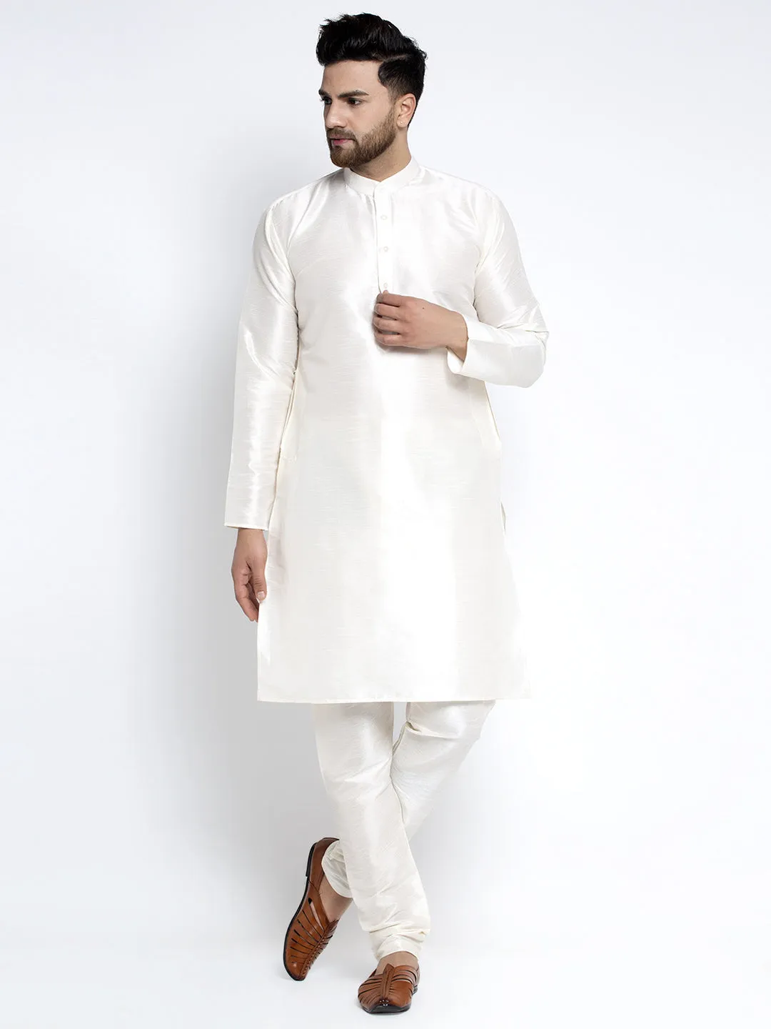 Jashvi Men's Solid White Dupion Kurta Payjama with Embroidered Waistcoat