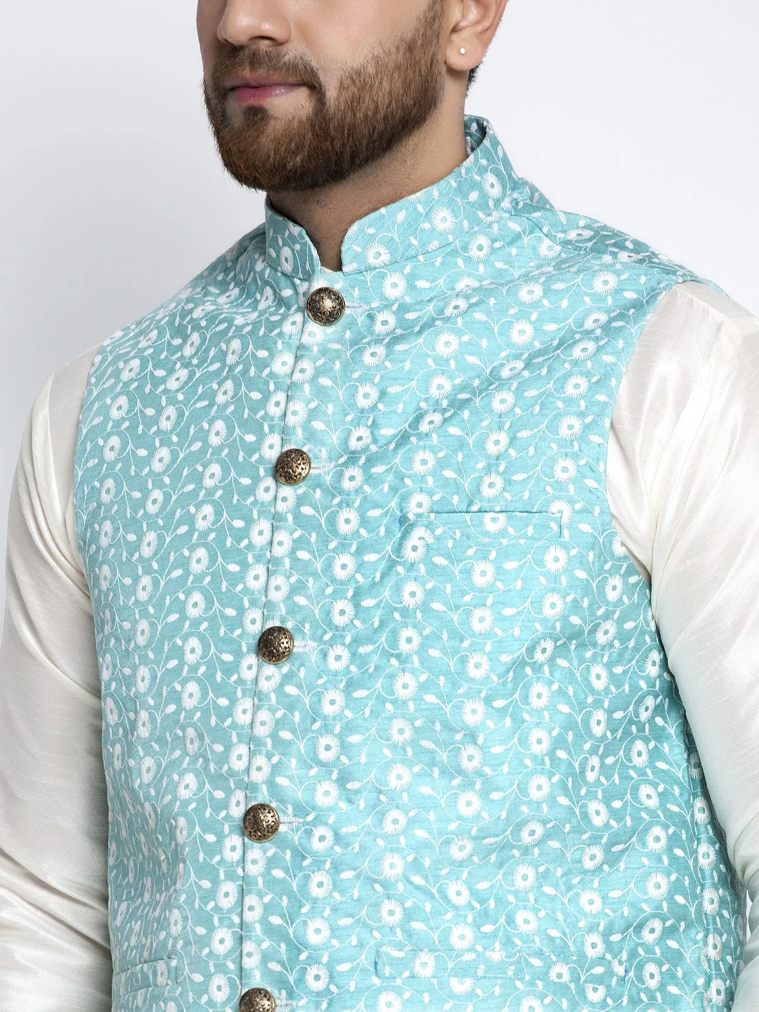 Jashvi Men's Solid White Dupion Kurta Payjama with Embroidered Waistcoat