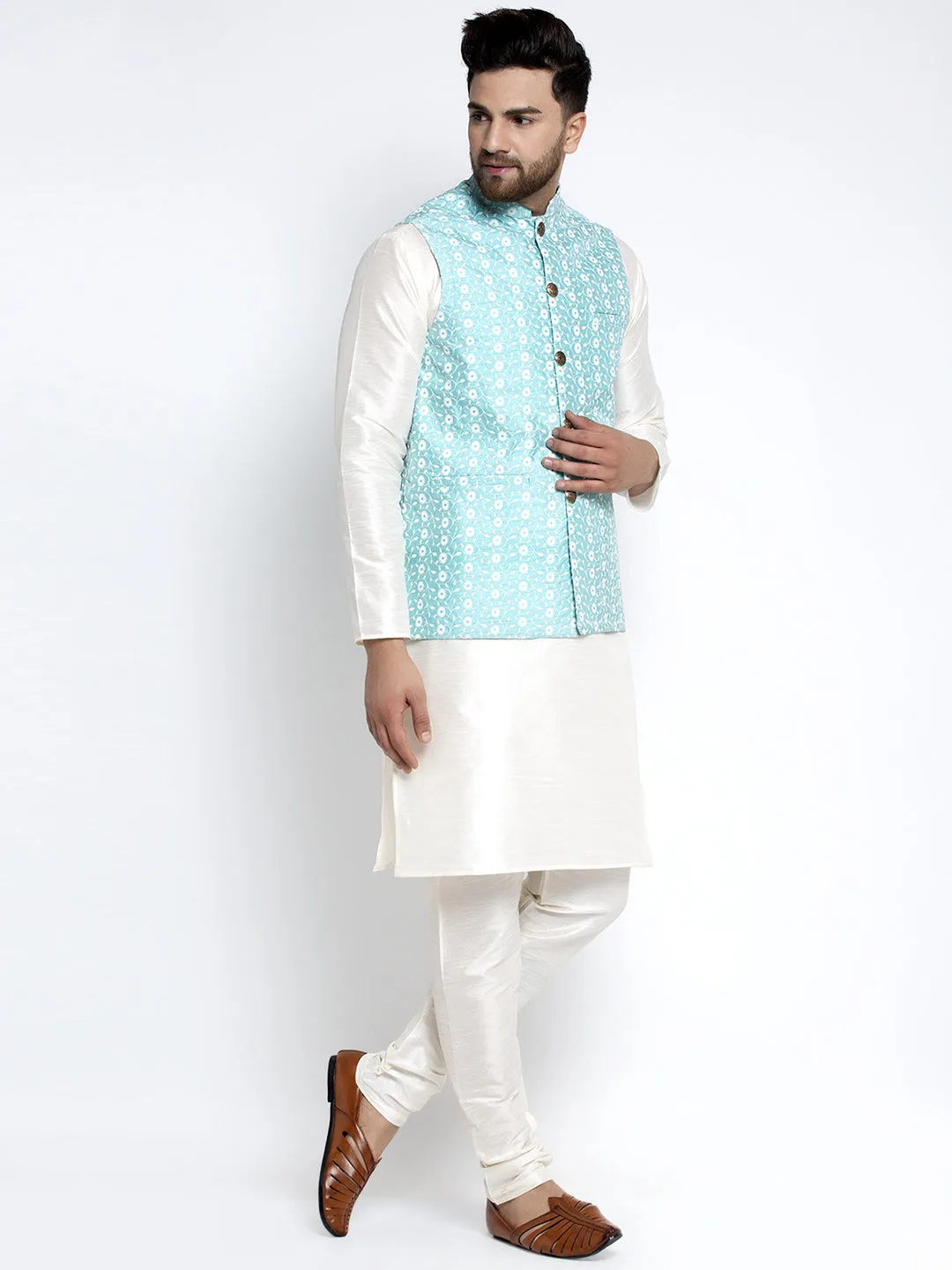 Jashvi Men's Solid White Dupion Kurta Payjama with Embroidered Waistcoat