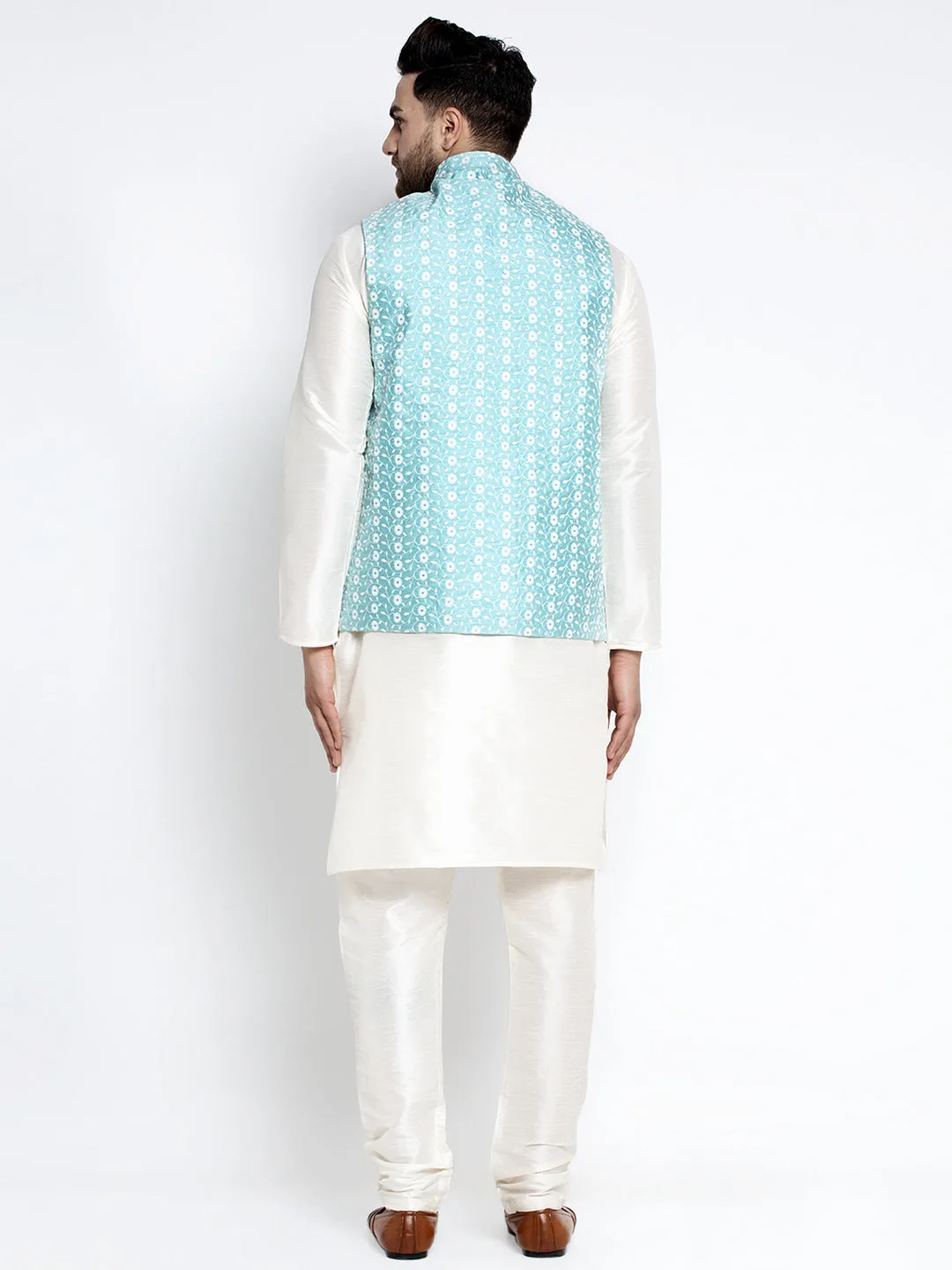 Jashvi Men's Solid White Dupion Kurta Payjama with Embroidered Waistcoat