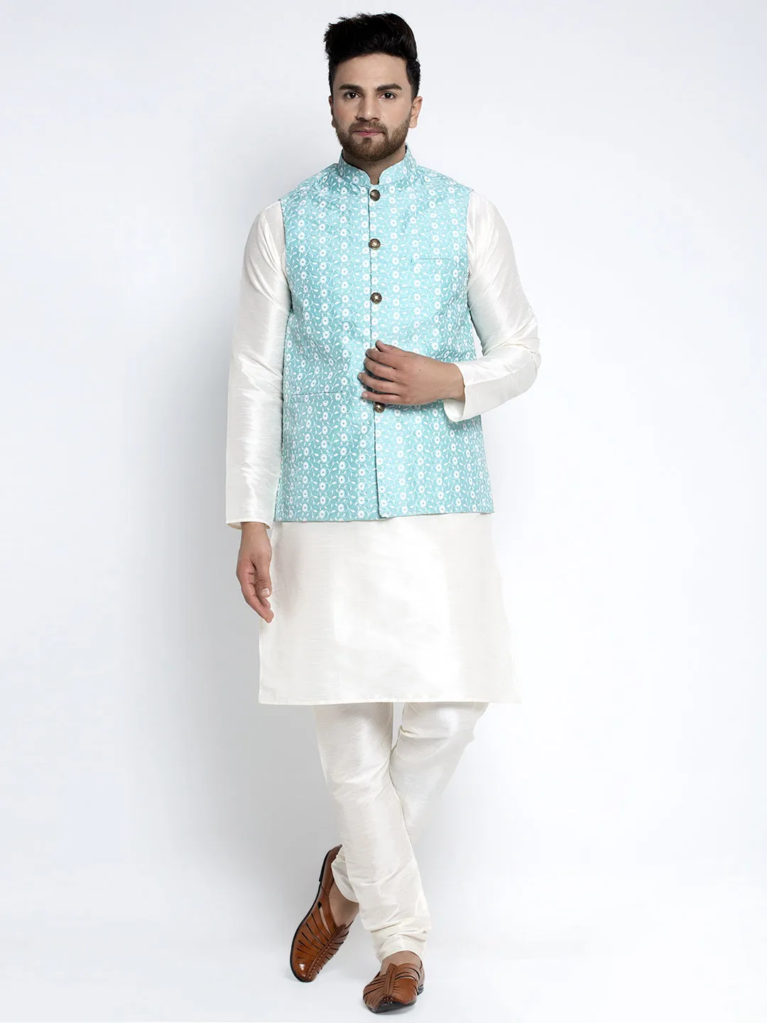 Jashvi Men's Solid White Dupion Kurta Payjama with Embroidered Waistcoat