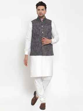 Jashvi Men's White Solid Kurta with Pyjamas & Blue Nehru Jacket