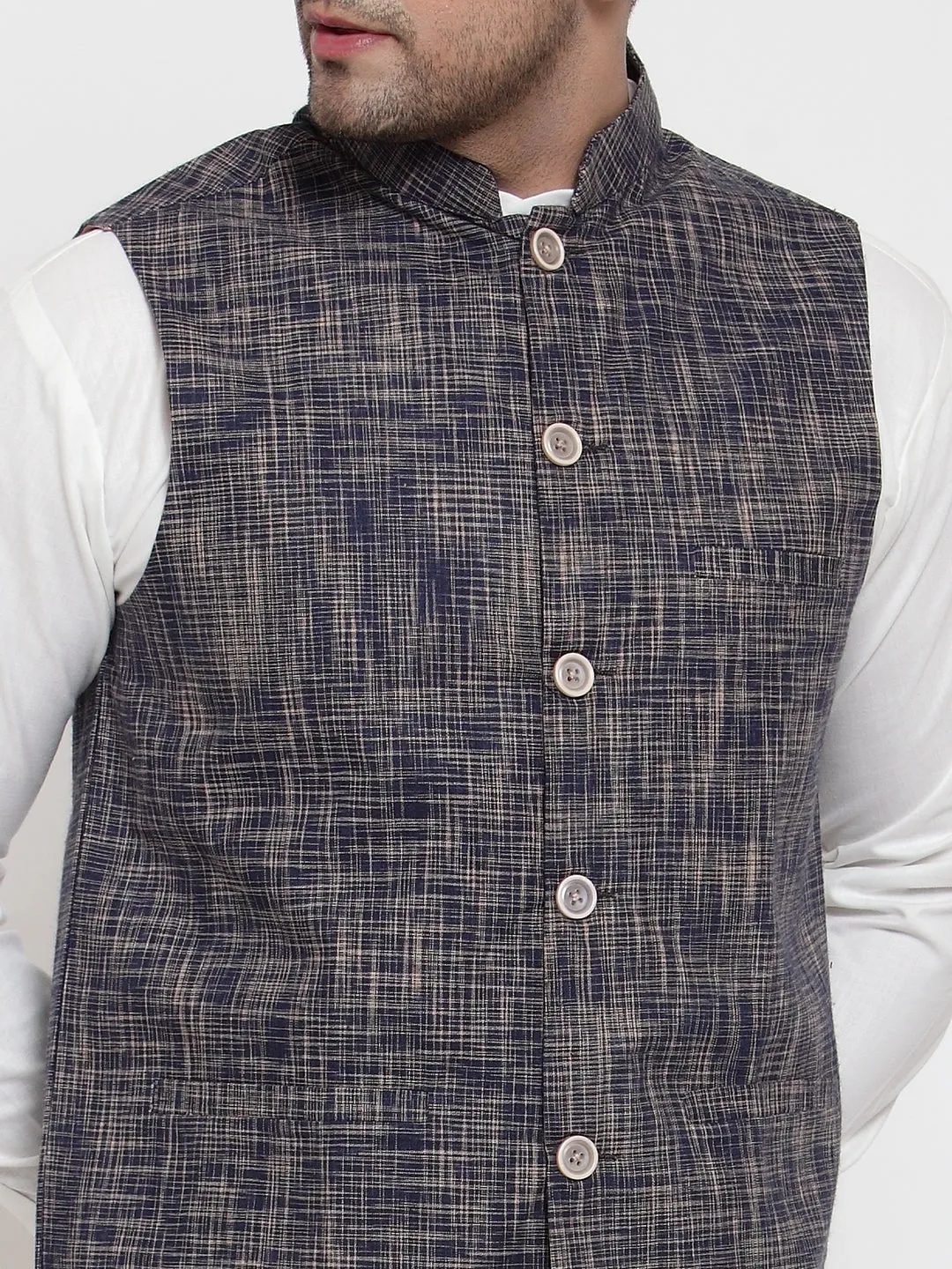 Jashvi Men's White Solid Kurta with Pyjamas & Blue Nehru Jacket