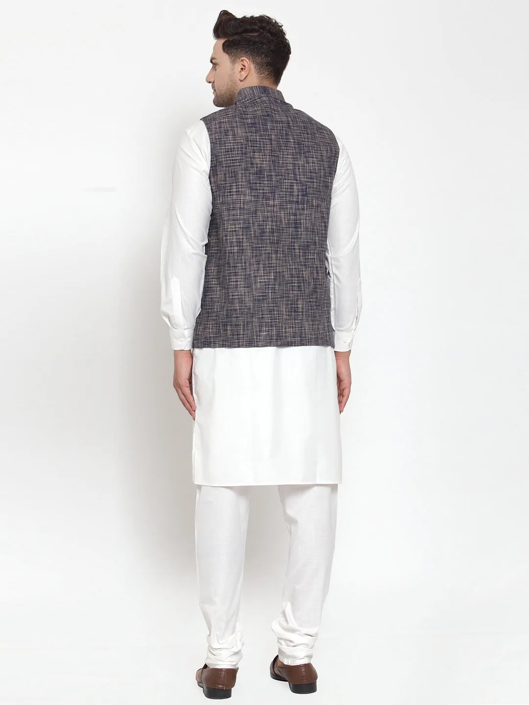 Jashvi Men's White Solid Kurta with Pyjamas & Blue Nehru Jacket