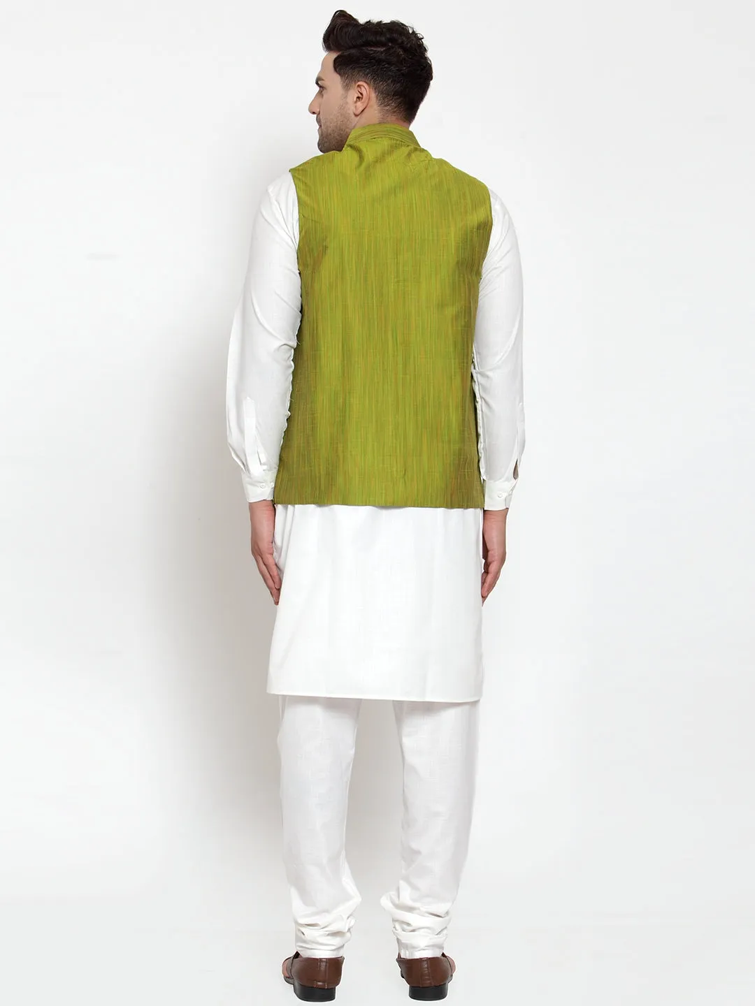 Jashvi Men's White Solid Kurta with Pyjamas & Green Nehru Jacket