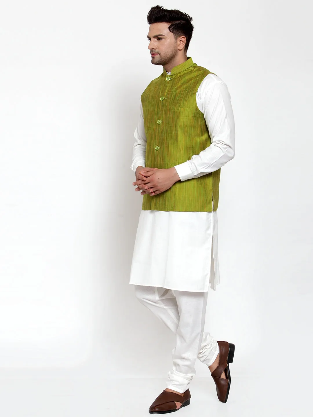 Jashvi Men's White Solid Kurta with Pyjamas & Green Nehru Jacket