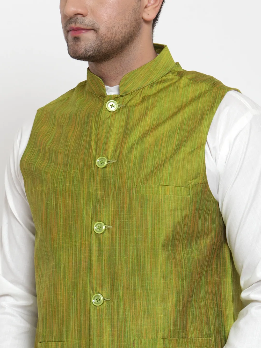 Jashvi Men's White Solid Kurta with Pyjamas & Green Nehru Jacket