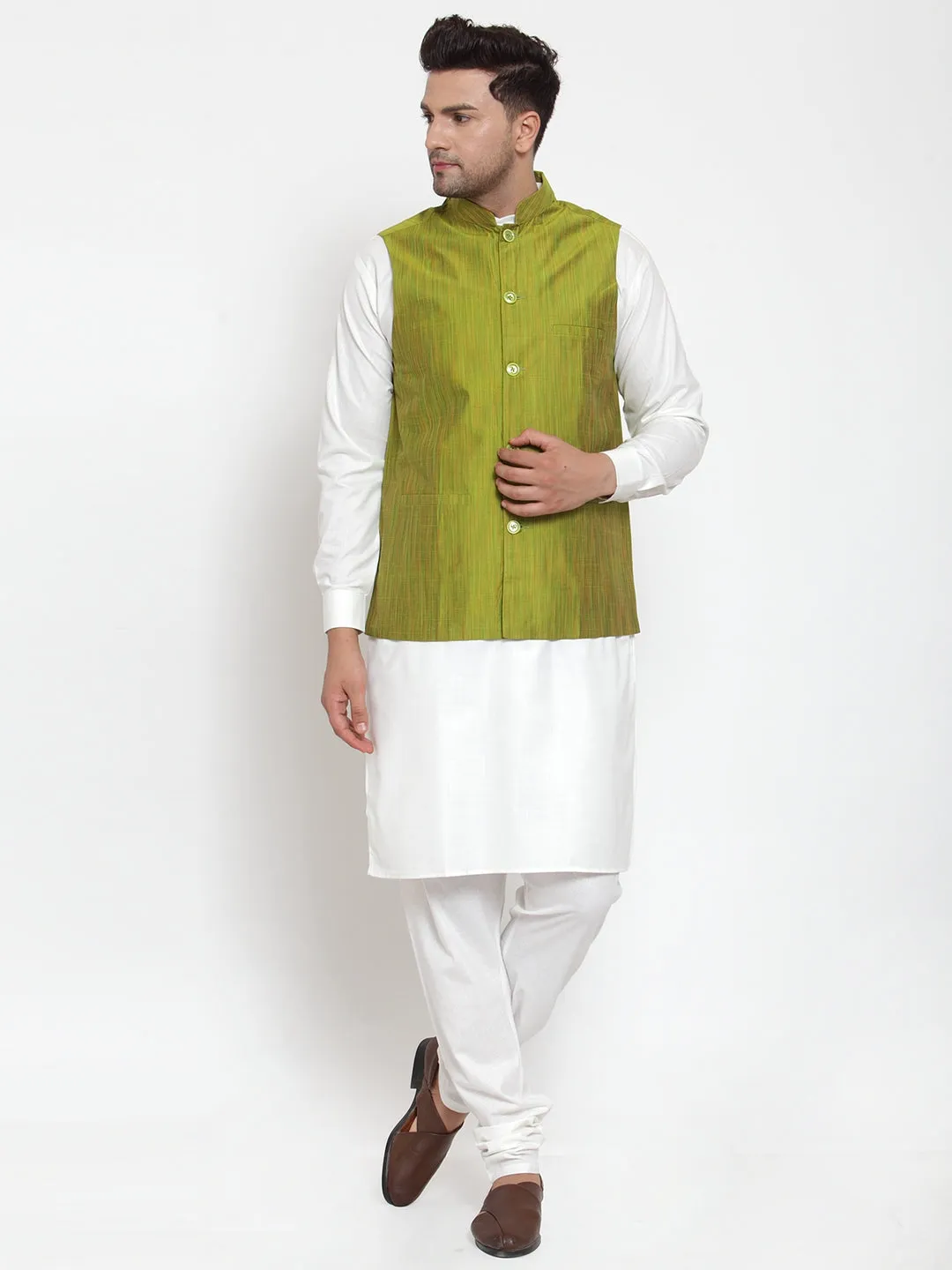 Jashvi Men's White Solid Kurta with Pyjamas & Green Nehru Jacket