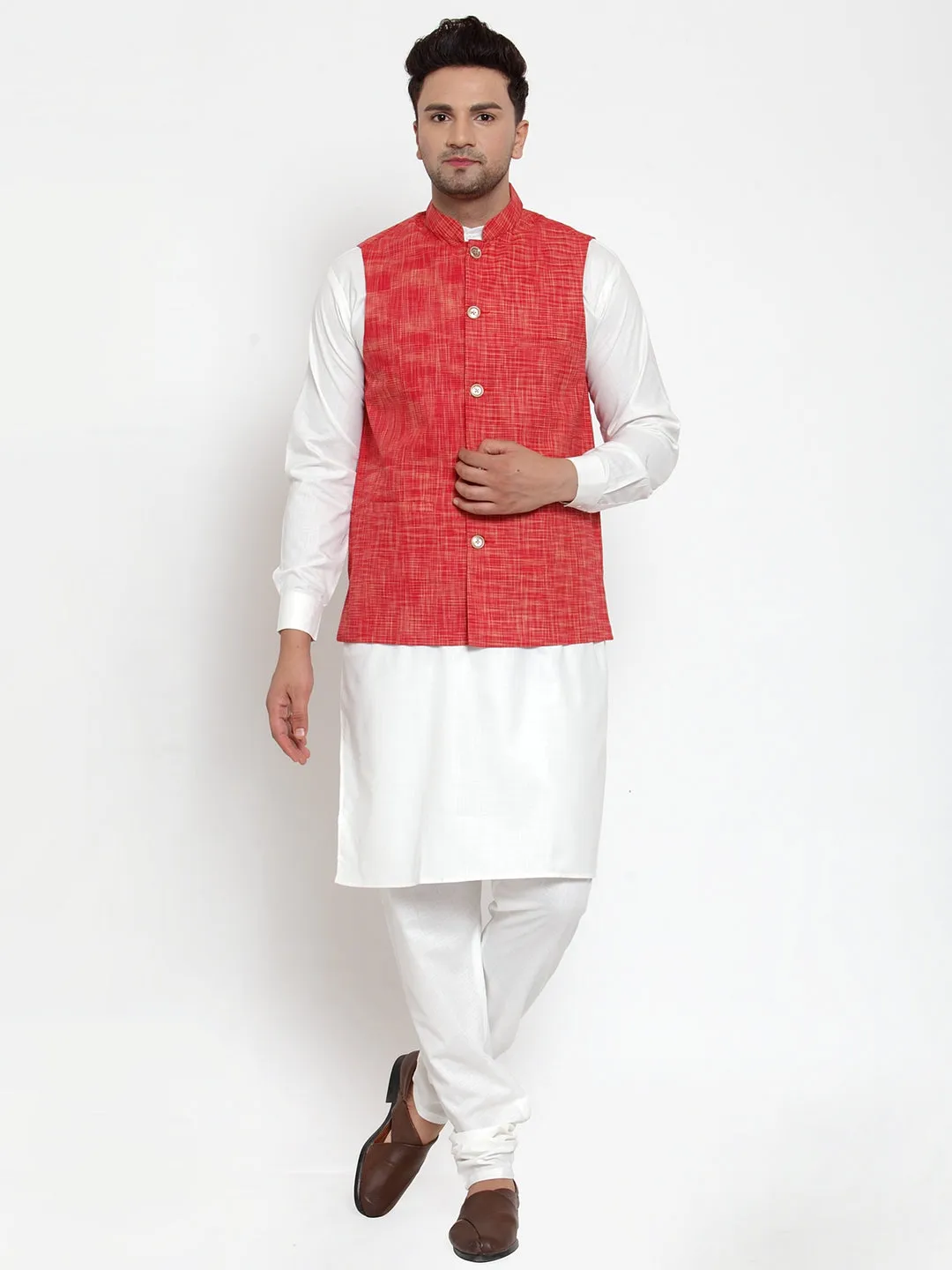 Jashvi Men's White Solid Kurta with Pyjamas & Red Nehru Jacket